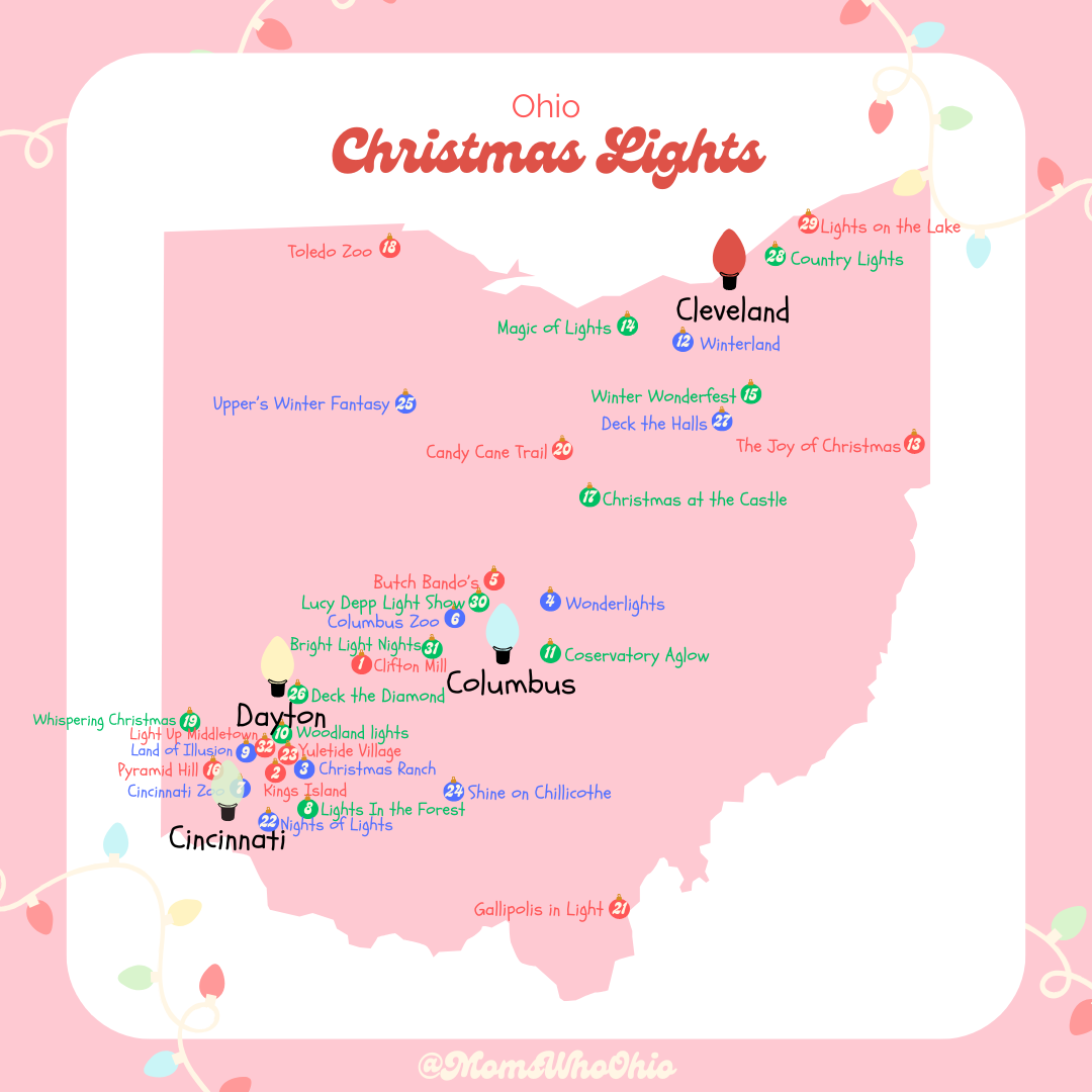 Map of Ohio displaying Christmas lights in different cities, with locations marked by numbered circles and colorful string lights border.