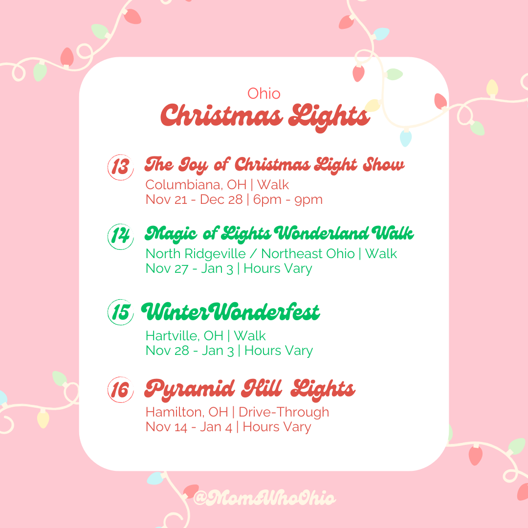 List of Ohio Christmas light events with dates and locations on a pink background decorated with Christmas string lights.