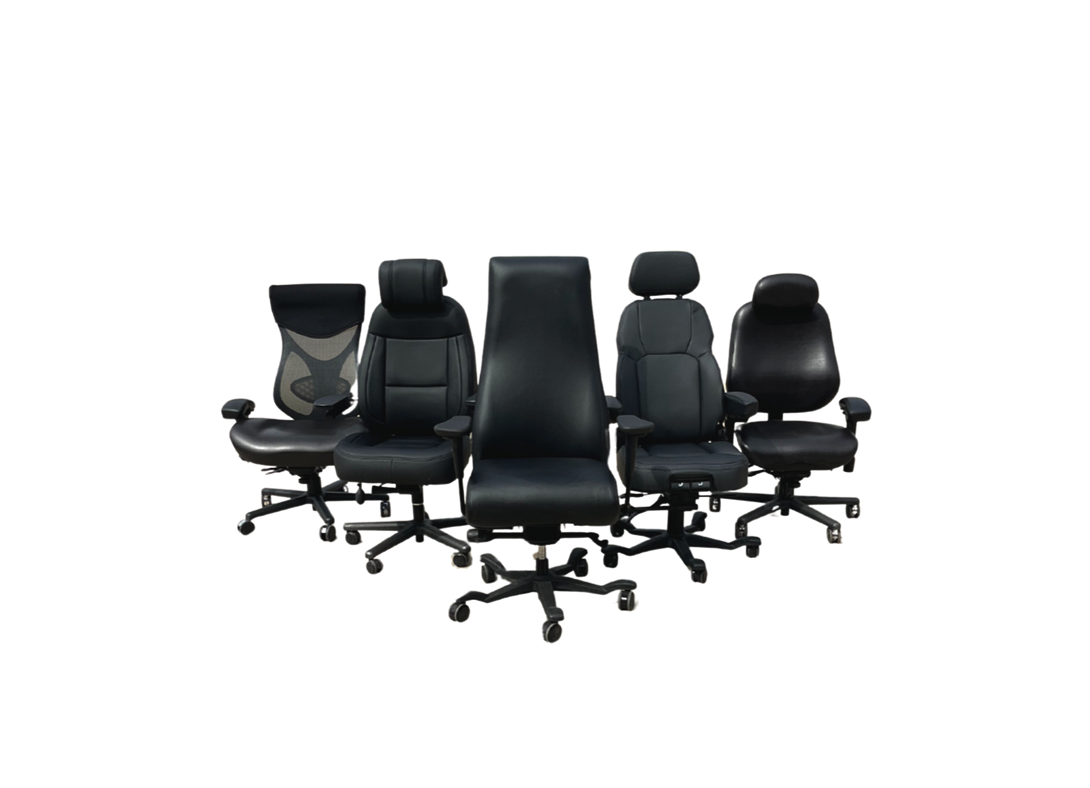 A collection of five black office chairs with various backrest styles, arranged in a row on a white background.
