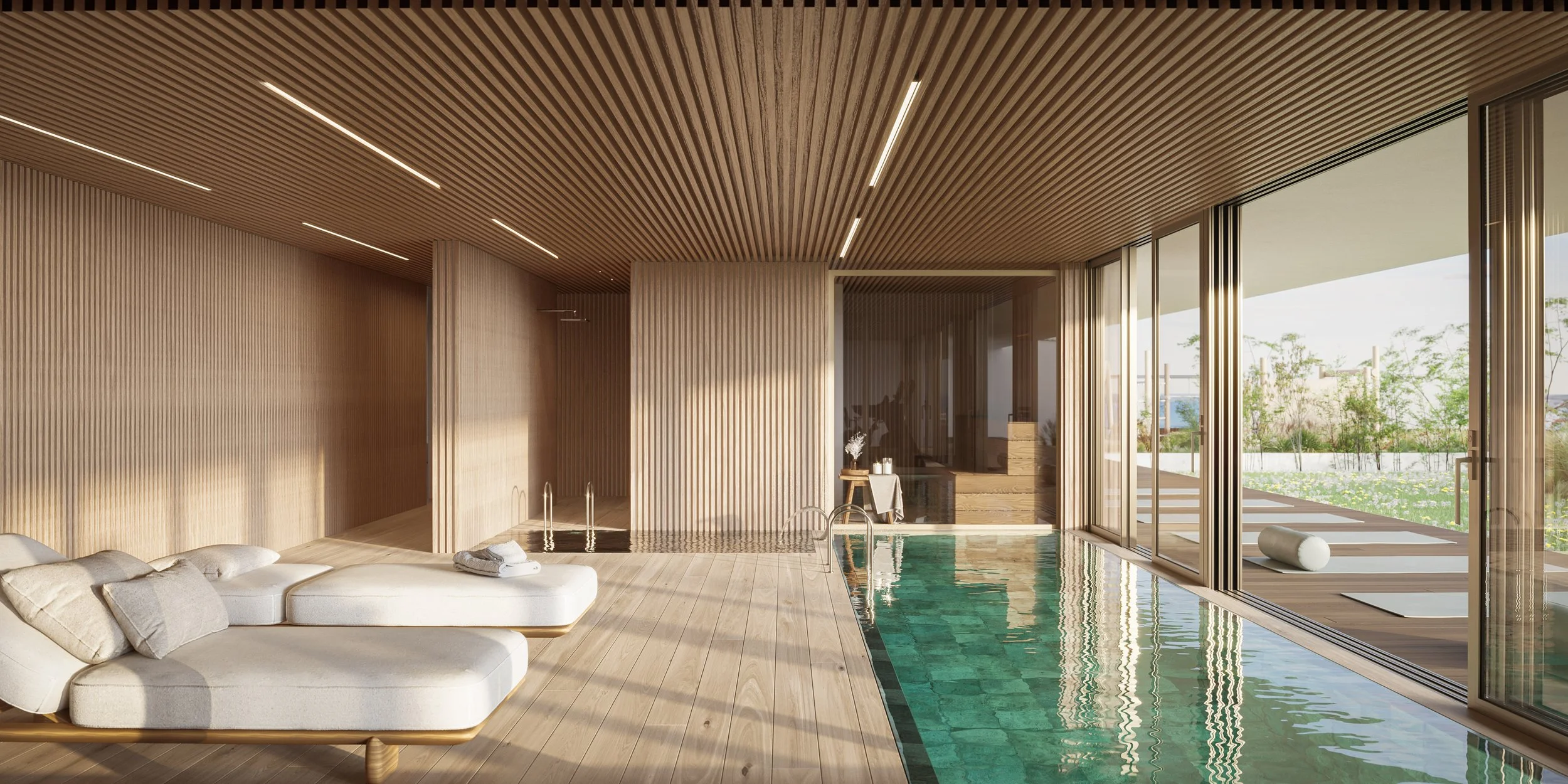 Modern indoor swimming pool area with wooden walls and ceiling, large glass doors revealing outdoor greenery, and white lounge chairs nearby.