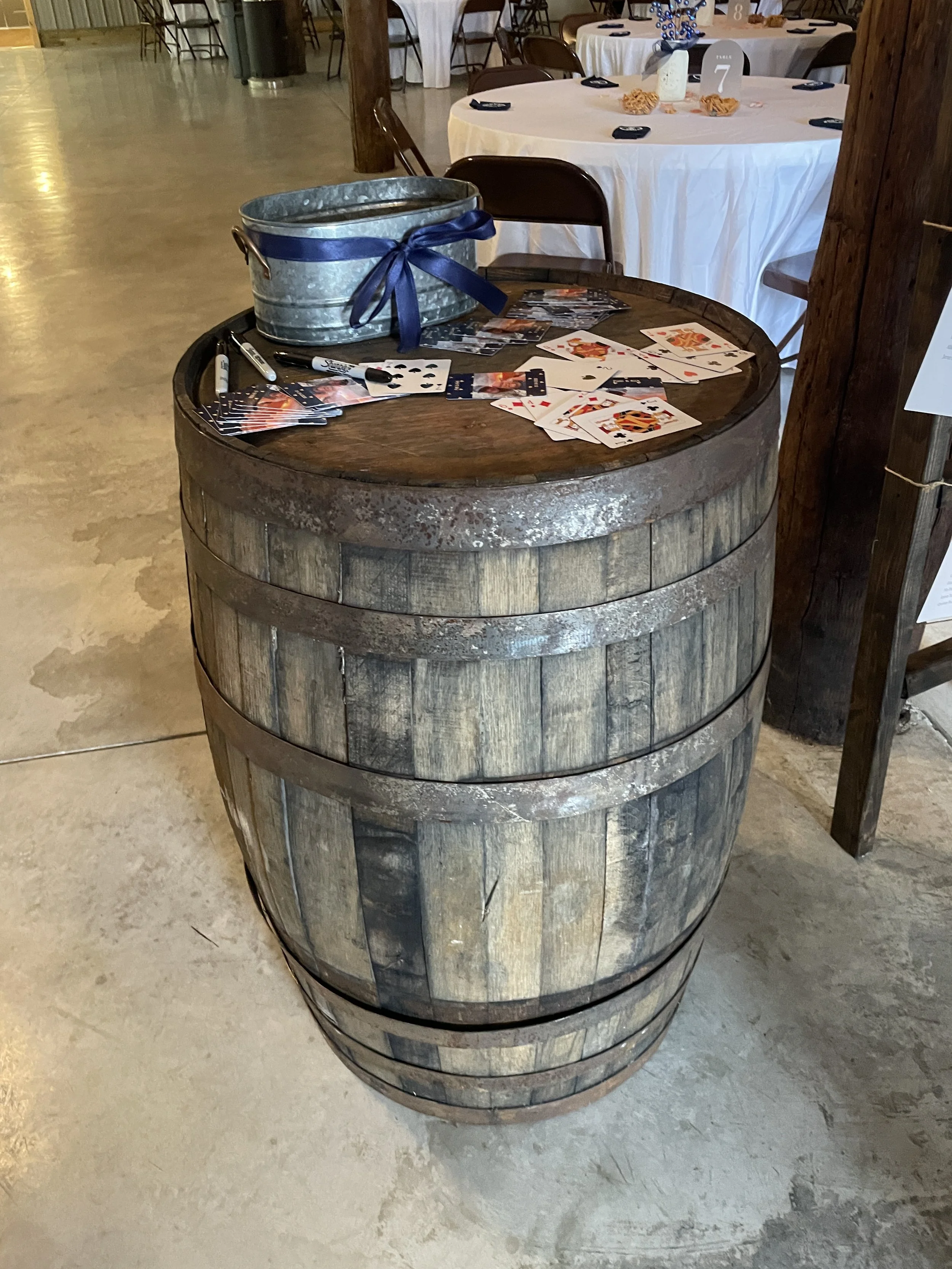 Whiskey Barrel  - Use of whiskey barrel and playing cards for guests to sign as they entered the venue for Patti and Kirk's January wedding.  Congratulations Kirk and Patti! 