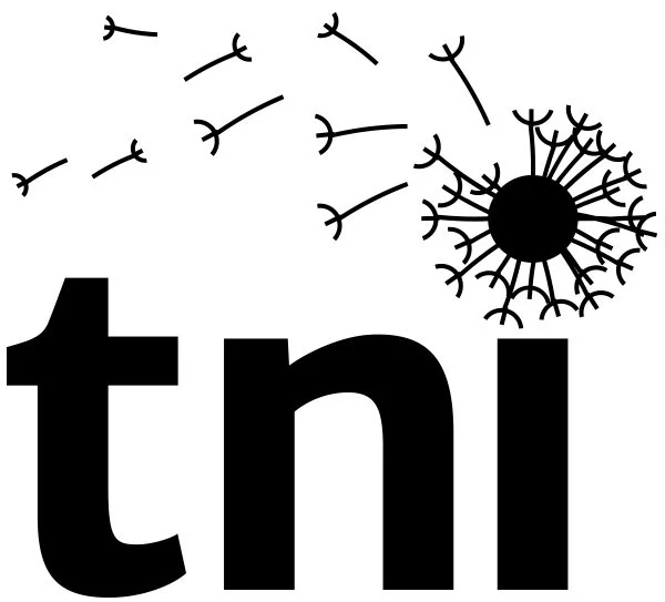 A black silhouette of the letters "tni" with a dandelion seed head and seeds dispersing above.