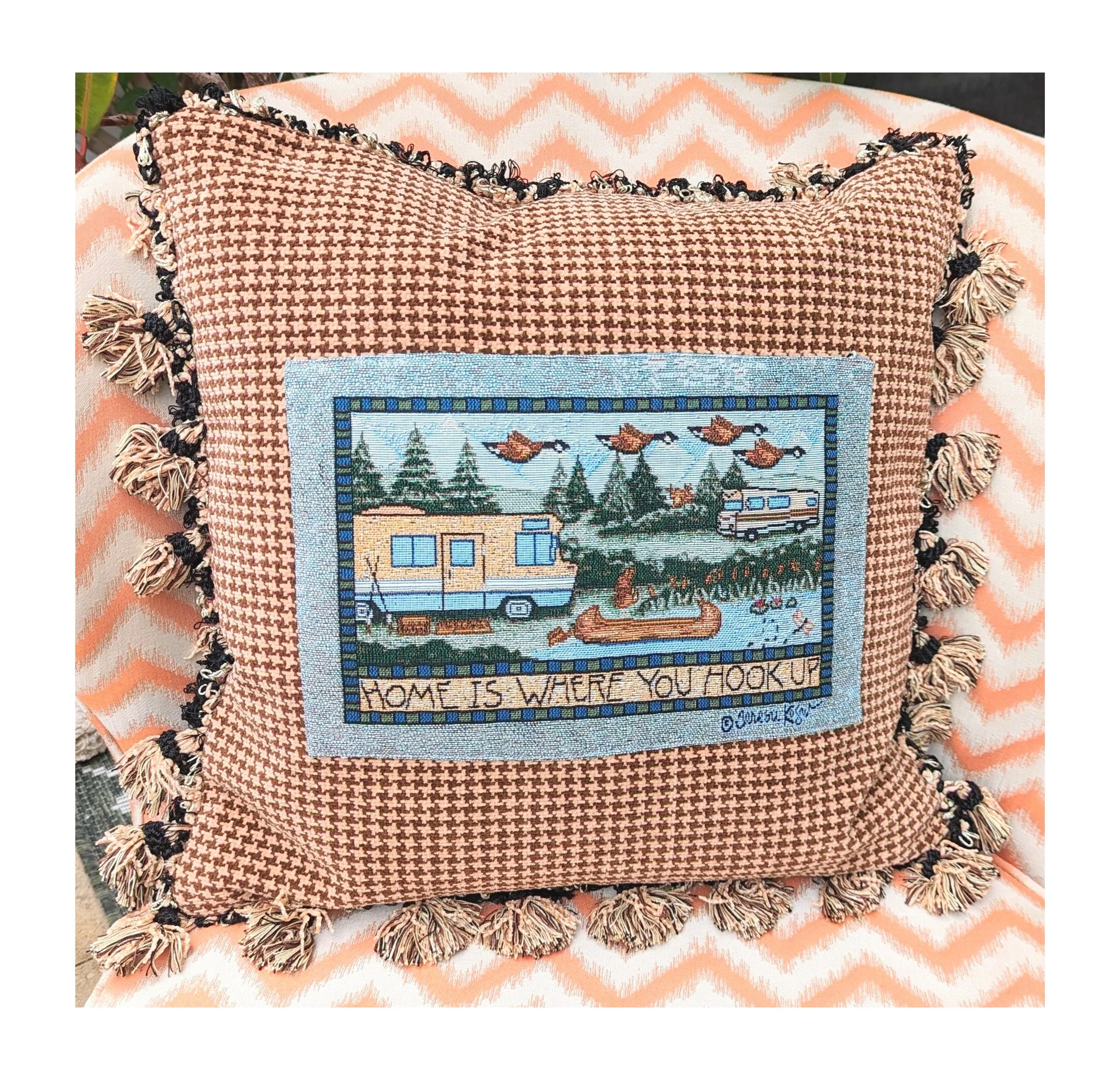 RV & Camping Theme Tapestry Pillow With Houndstooth Linen And Fringe Trim - Handmade USA