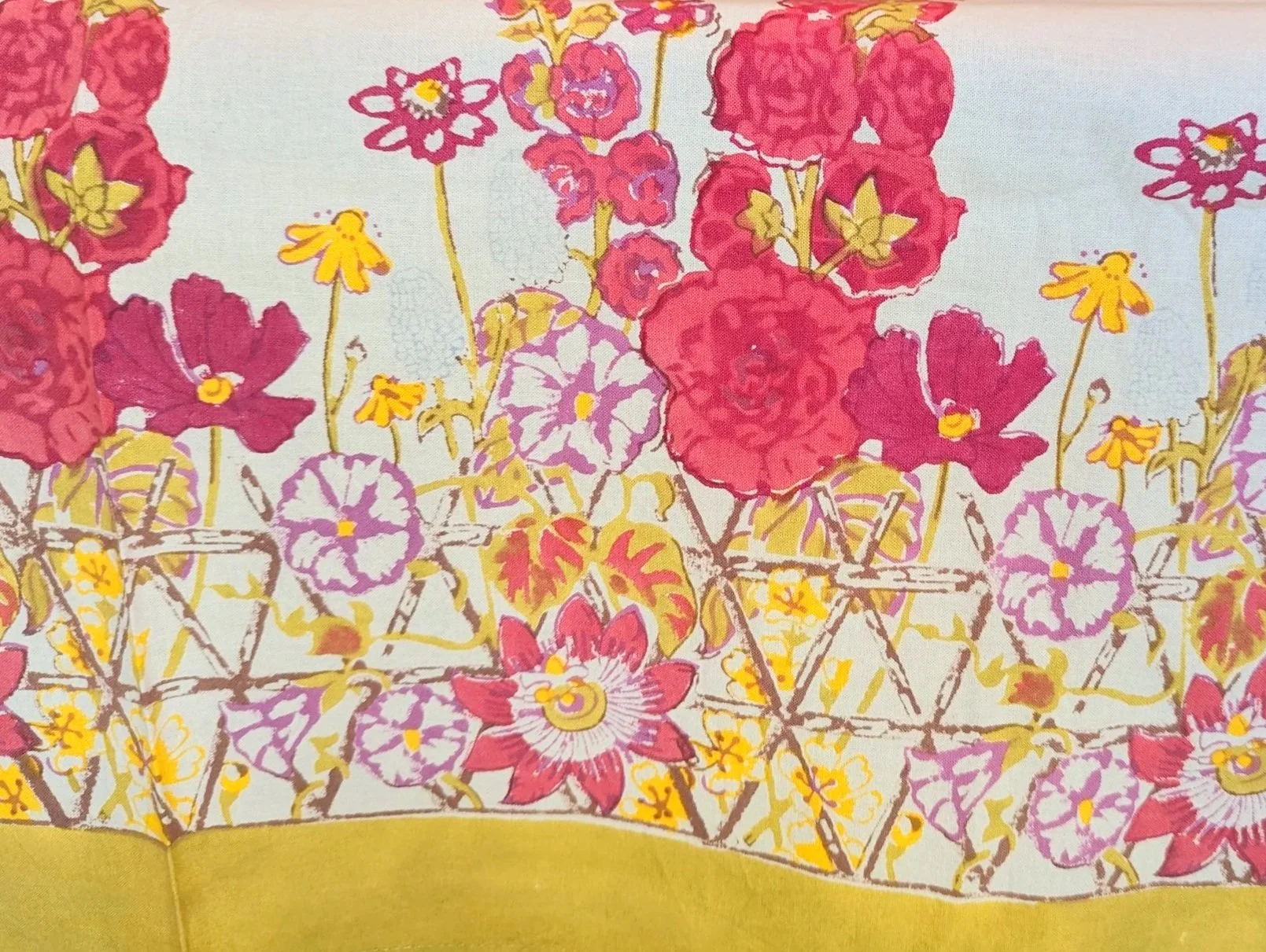 Hand Block Printed Cotton Tablecloth Featuring Salmon, Green & Yellow Floral Patterns, Size 59" x 86"