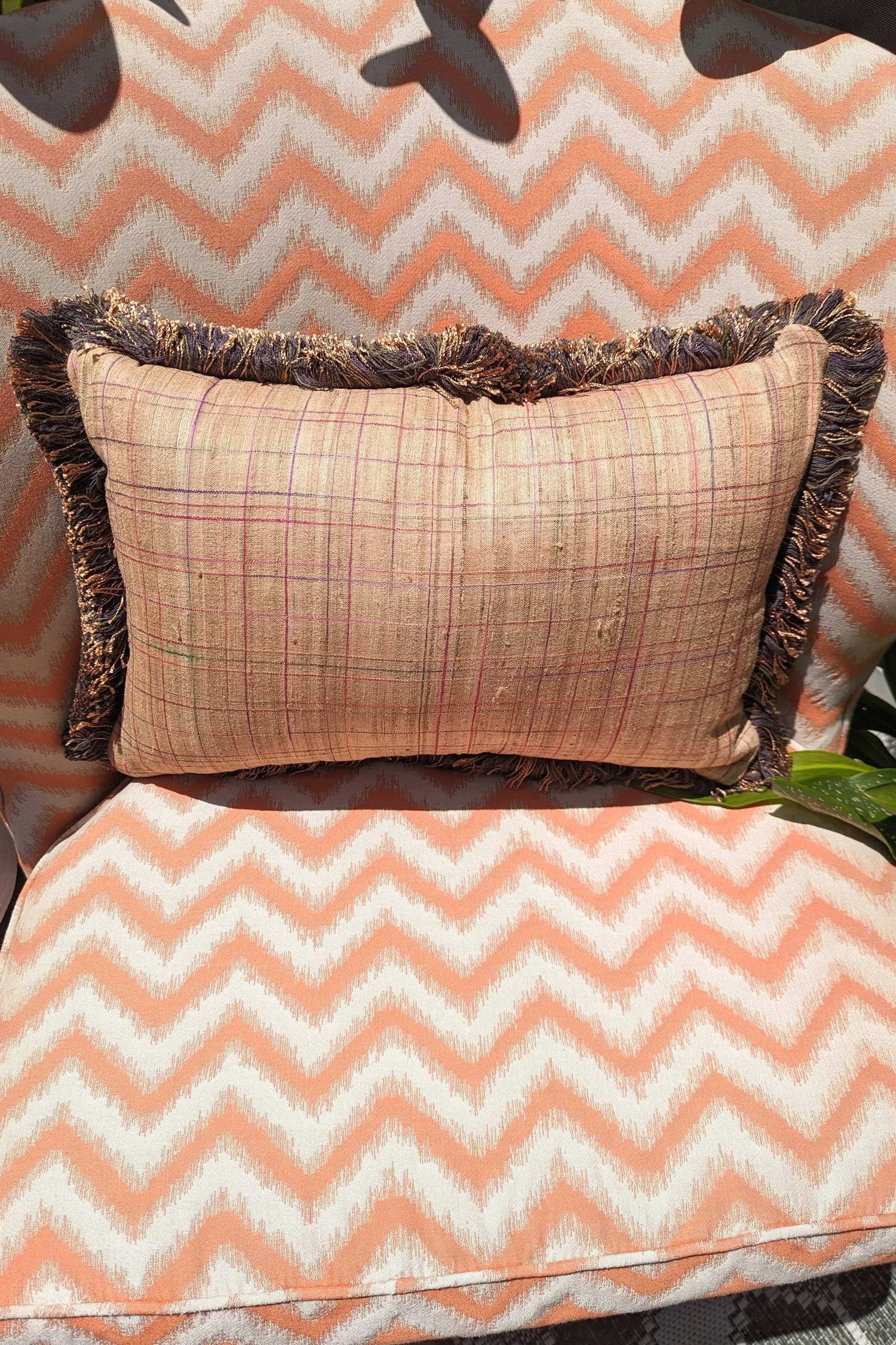 Handcrafted Raw Silk Pillow Featuring A Reversible Windowpane Fringe Cushion