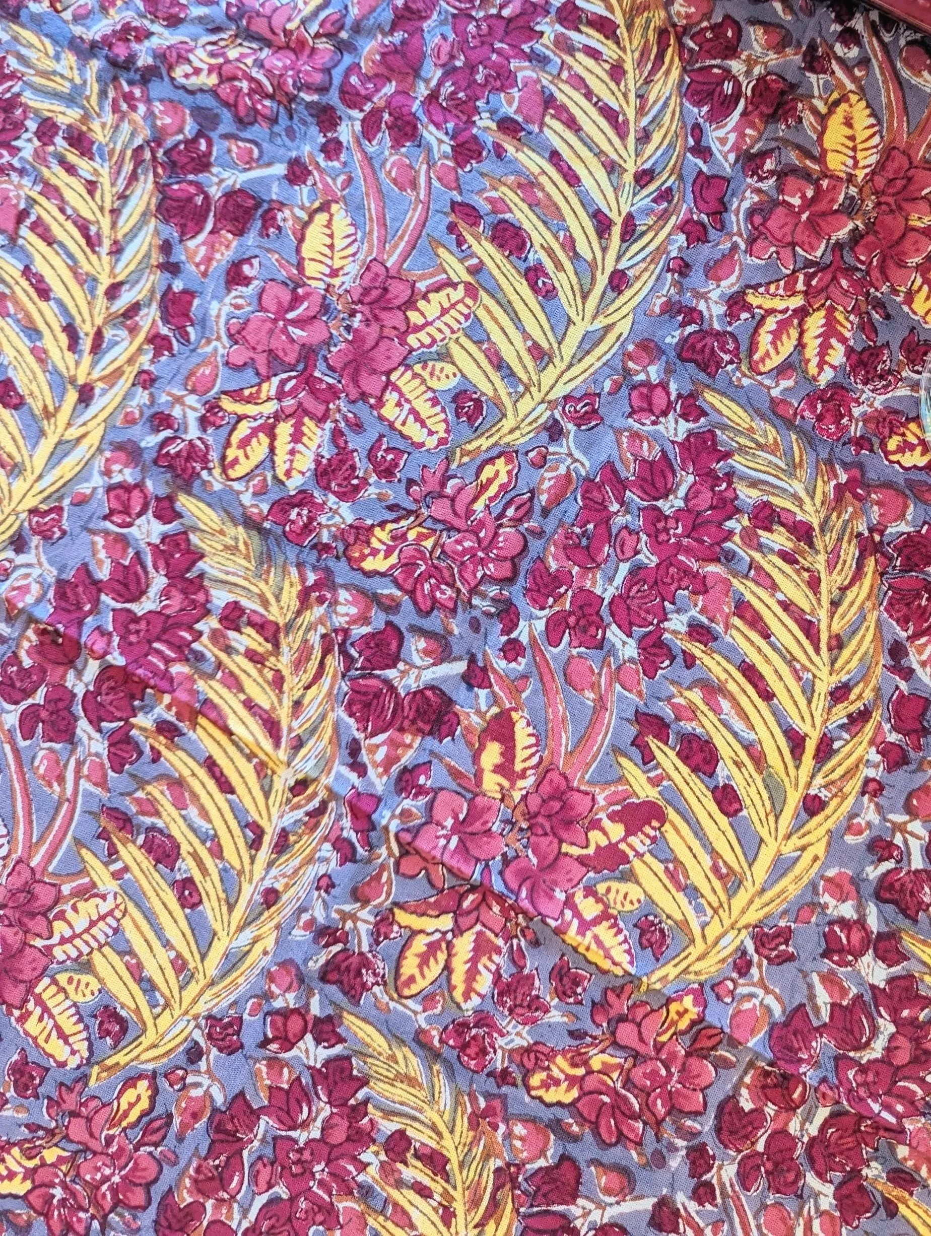 Hand Block Printed Cotton Tablecloth With A French Fern Design, Size 90" x 90"