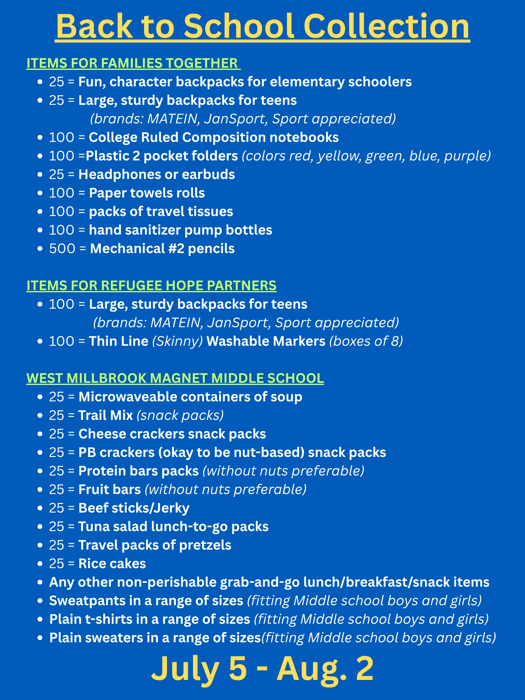 Back-to-School Collection Drive (July 5-August 2)