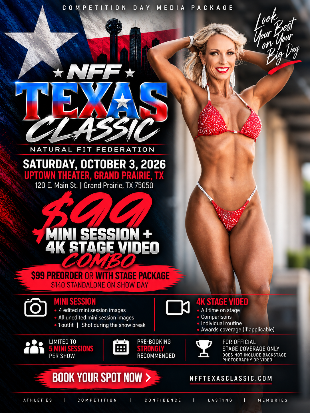 NFF Texas Classic 2026 poster advertising the $99 pre-order Show Day Mini Session and 4K Stage Video Combo for competitors at the October 3 event in Grand Prairie, Texas.