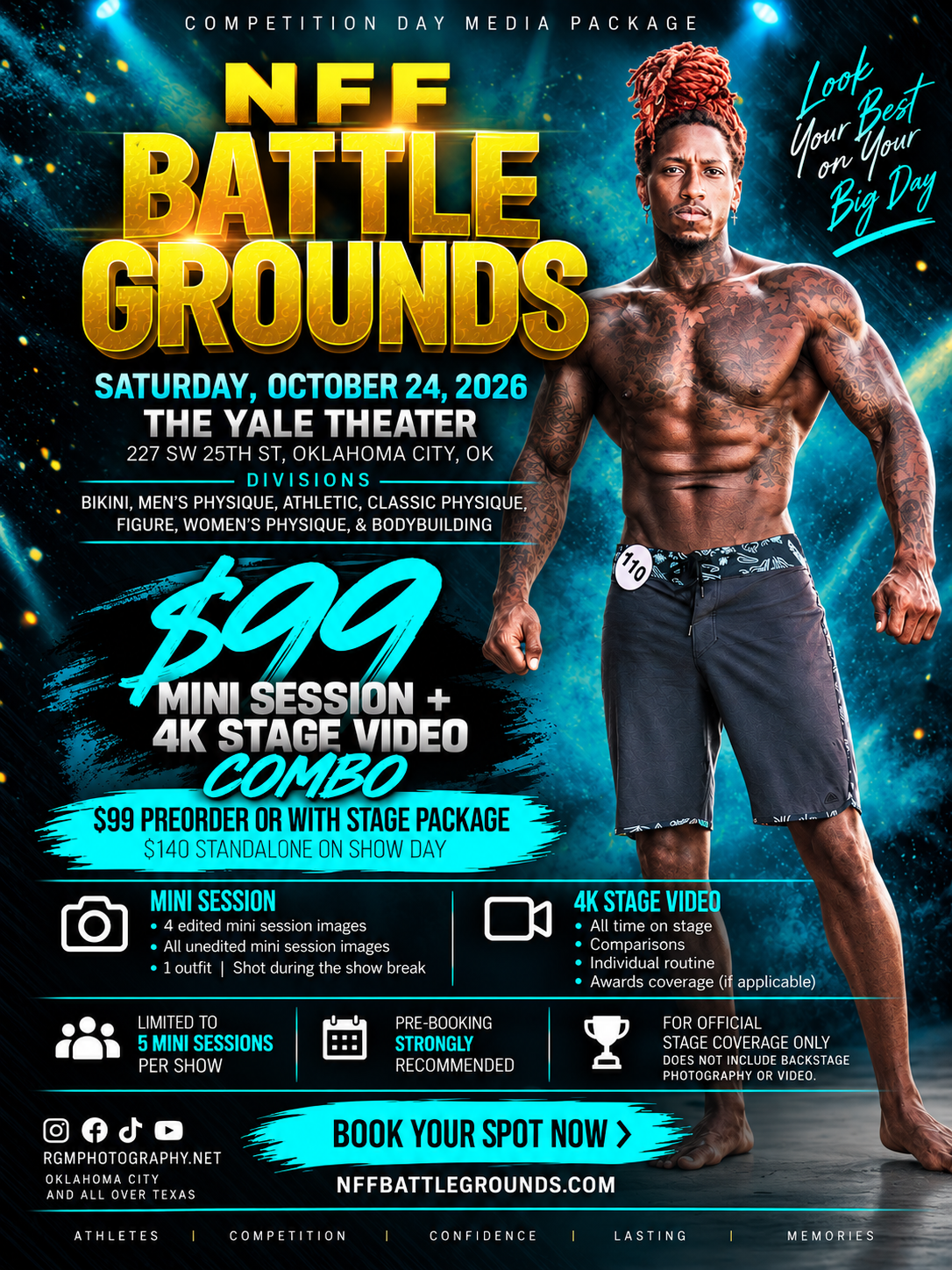 NFF Battlegrounds promotional poster for the October 24, 2026 bodybuilding show in Oklahoma City, featuring a male physique athlete. Advertises a $99 Mini Session and 4K Stage Video Combo with four edited mini-session images