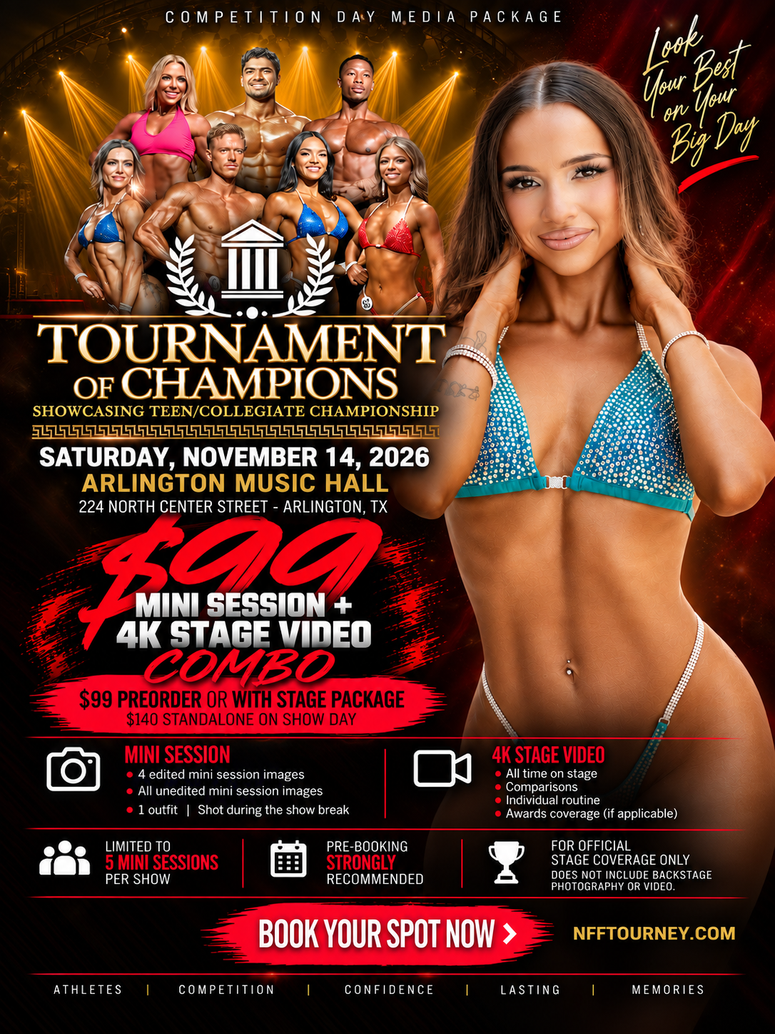 NFF Tournament of Champions promotional poster for November 14, 2026, at Arlington Music Hall in Arlington, Texas. Advertises a $99 Mini Session and 4K Stage Video Combo with four edited mini-session images, unedited images, and stage video coverage.