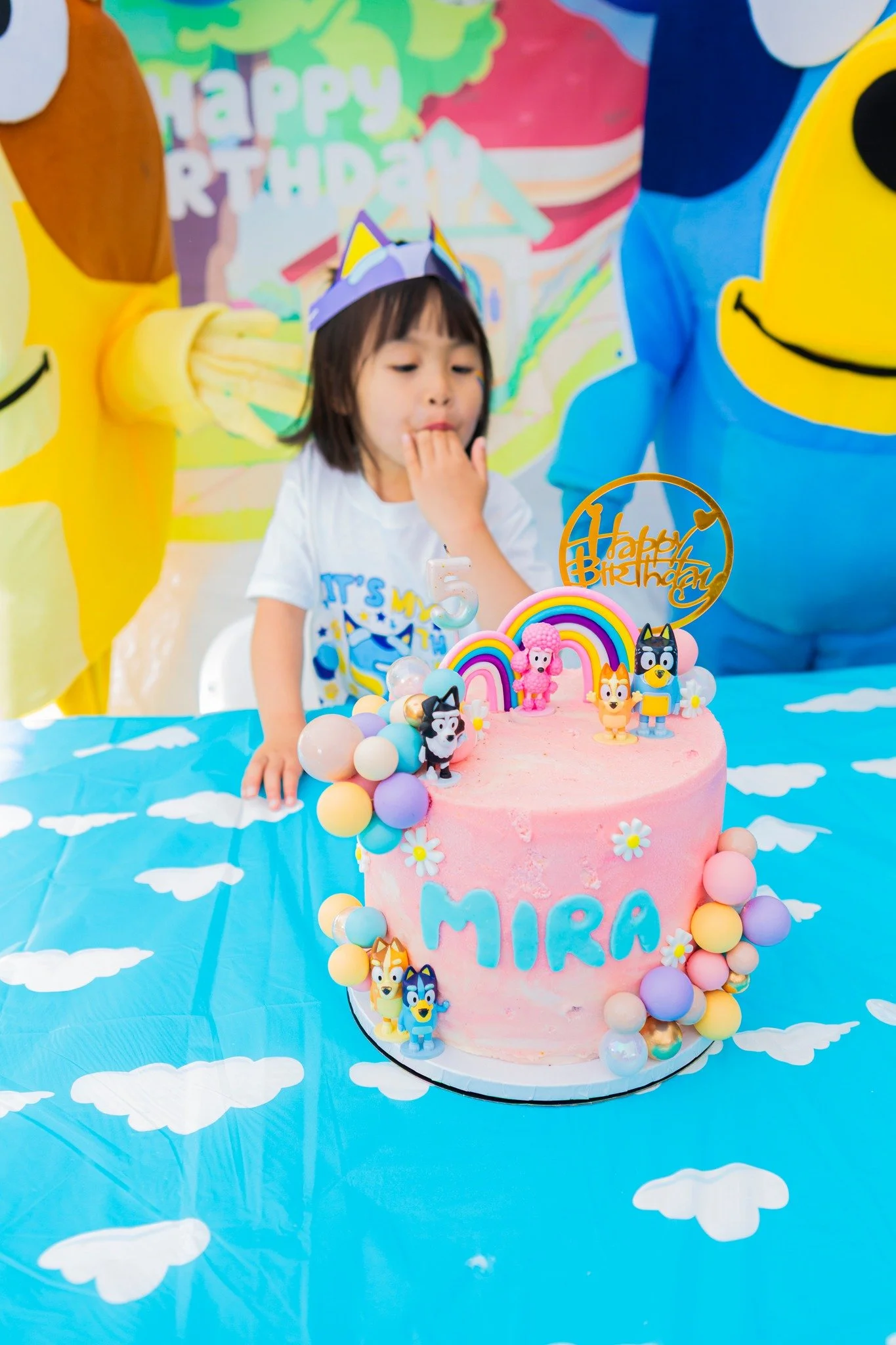 A young girl at a birthday party wearing a unicorn headband, standing in front of a pink birthday cake with character toppers, balloons, and a rainbow decoration reading 'Happy Birthday.'