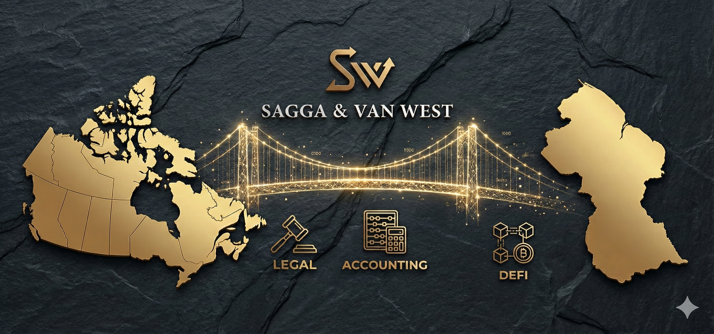 Map of Canada and Iran in gold with a digital bridge connecting them, featuring icons for legal, accounting, and defi services, and the text 'SAGGA & VAN WEST' with a stylized 'SV' logo above.