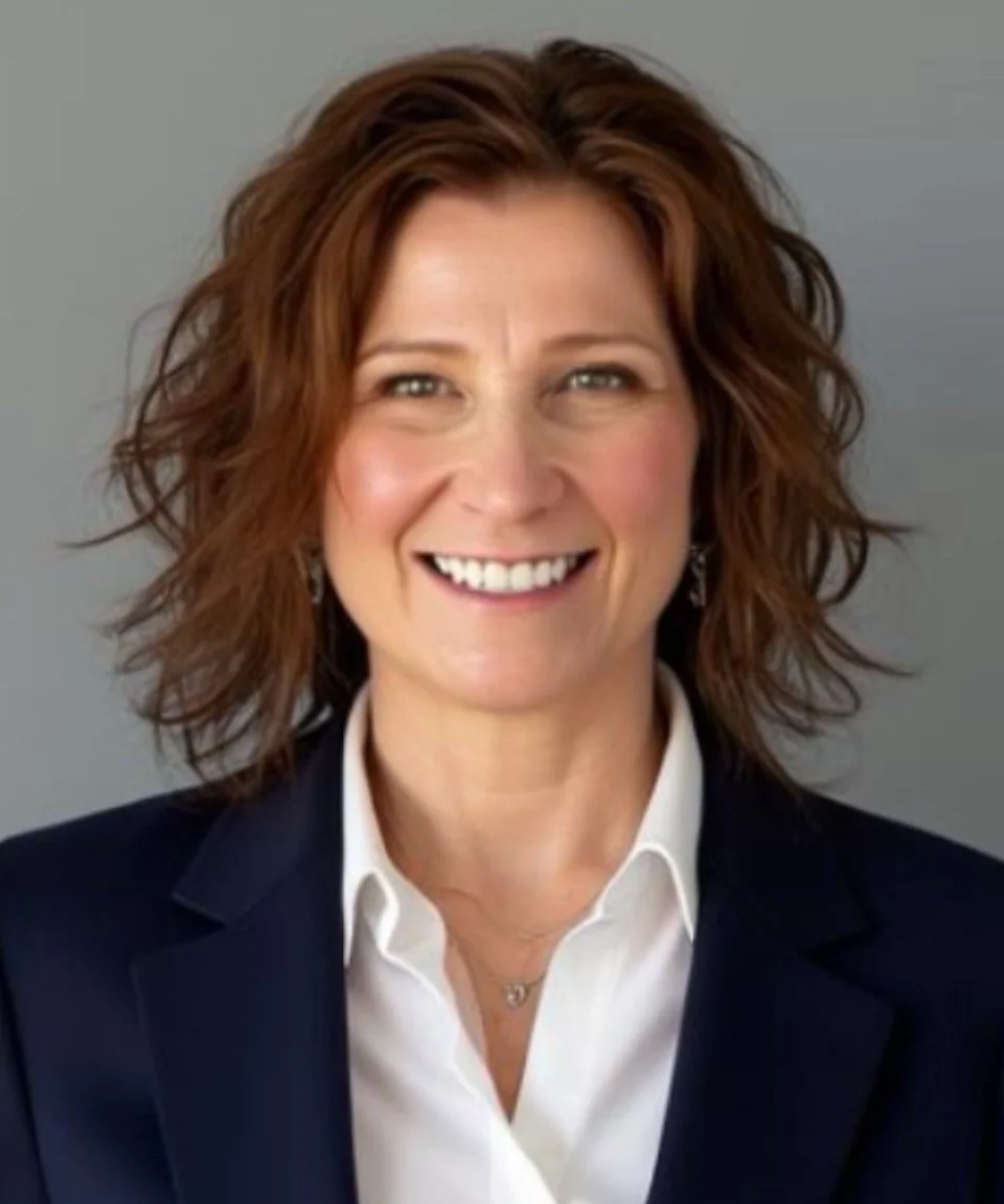 A woman with curly red hair smiling, wearing a white shirt and dark blazer, against a gray background.