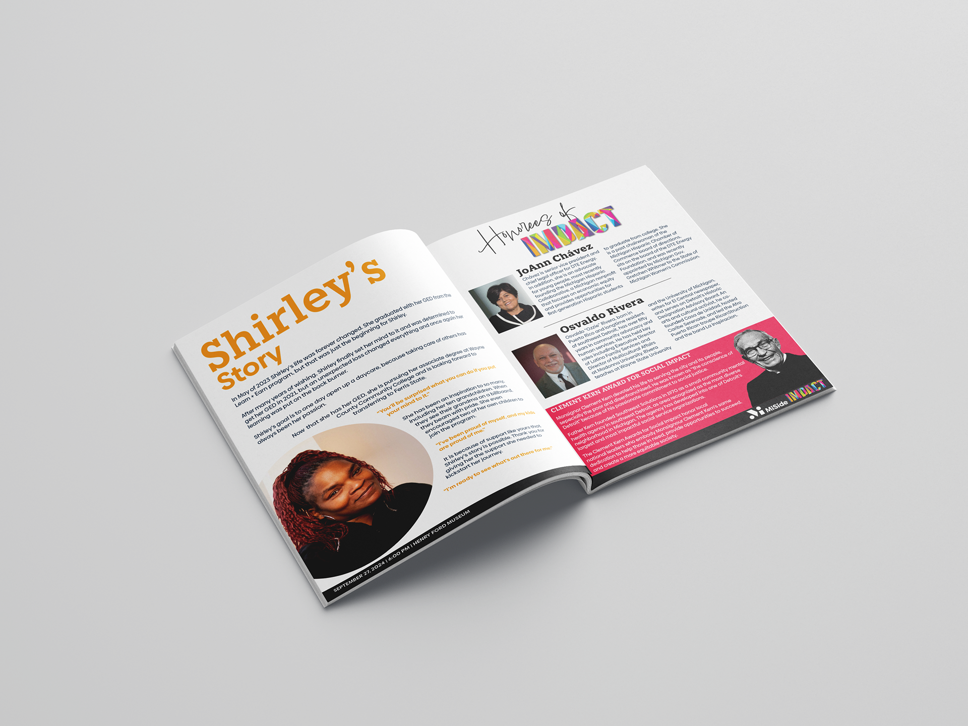 Open magazine spread featuring article about Shirley's story with a headshot of Shirley with red braids on the left page and profiles of JoAnn Chavez and Osvaldo Rivera on the right page, including a photo of Clement Kearns at the bottom right.