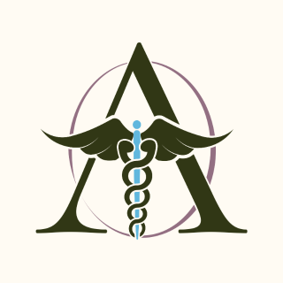 A large letter A with a caduceus symbol in the center, featuring a staff with wings and a snake, representing medical or healthcare themes. A thin purple circle surrounds the letter and symbol.