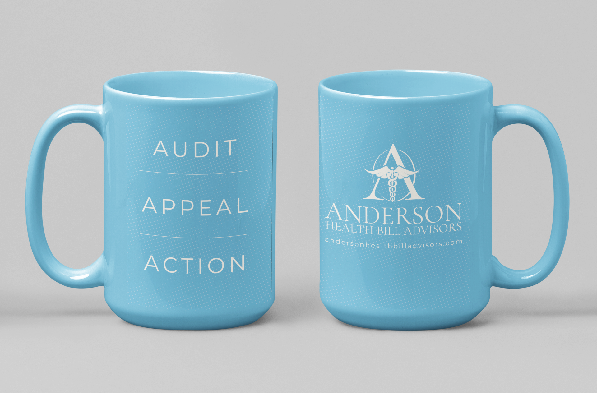Two blue ceramic mugs with white text and logo, one displaying 'AUDIT APPEAL ACTION' and the other with 'ANDERSON HEALTH BILL ADVISORS' and the company logo and website.
