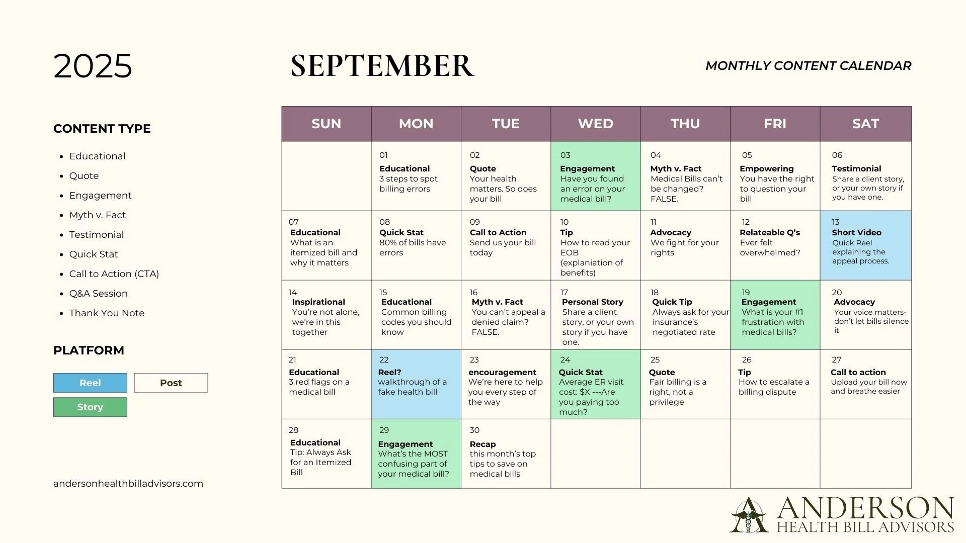 September 2025 content calendar from Anderson Health Bill Advisors, showing daily content topics for each date in the month, with categories including educational, quote, engagement, myth versus fact, testimonial, quick stat, call to action, Q&A sess