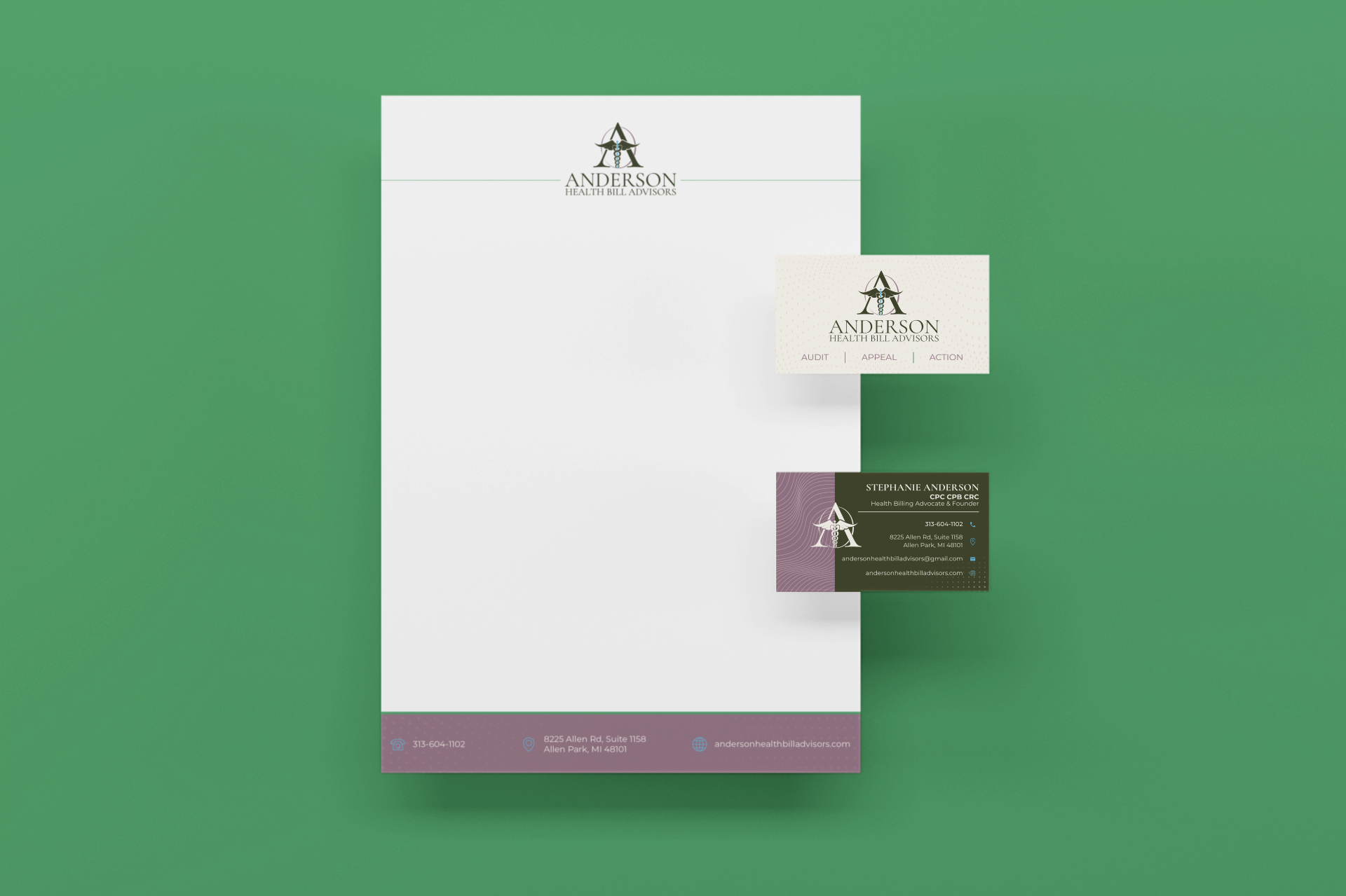 Business stationery including letterhead, business card, and a small card for Anderson Health Bill Advisors on a green background.