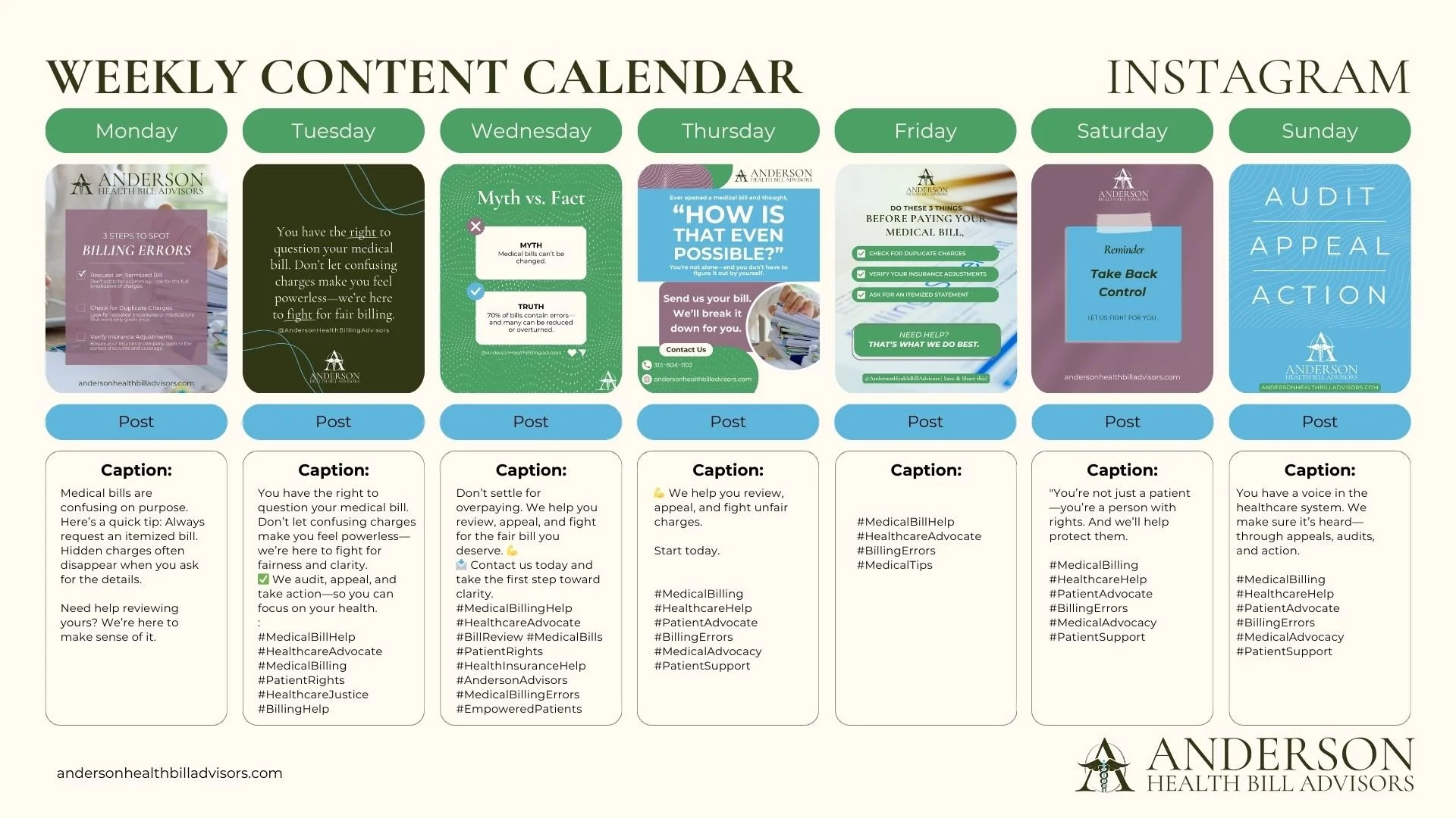 Weekly content calendar for Anderson Health Bill Advisors with daily social media post topics and captions, featuring themes like billing errors, medical bill questions, billing tips, medical bill review, patient advocacy, and healthcare system voice.