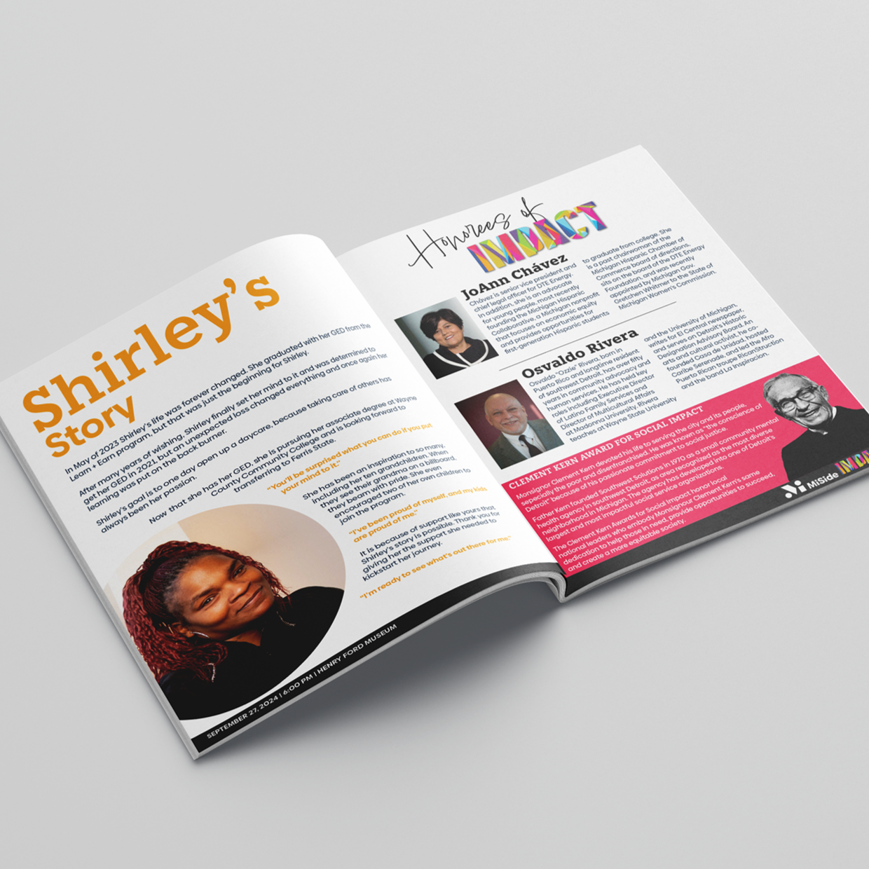 Open magazine showing a feature titled 'Shirley's Story' with photos and bios of JoAnn Chávez and Osvaldo Rivera, and a highlighted section on an award recipient.