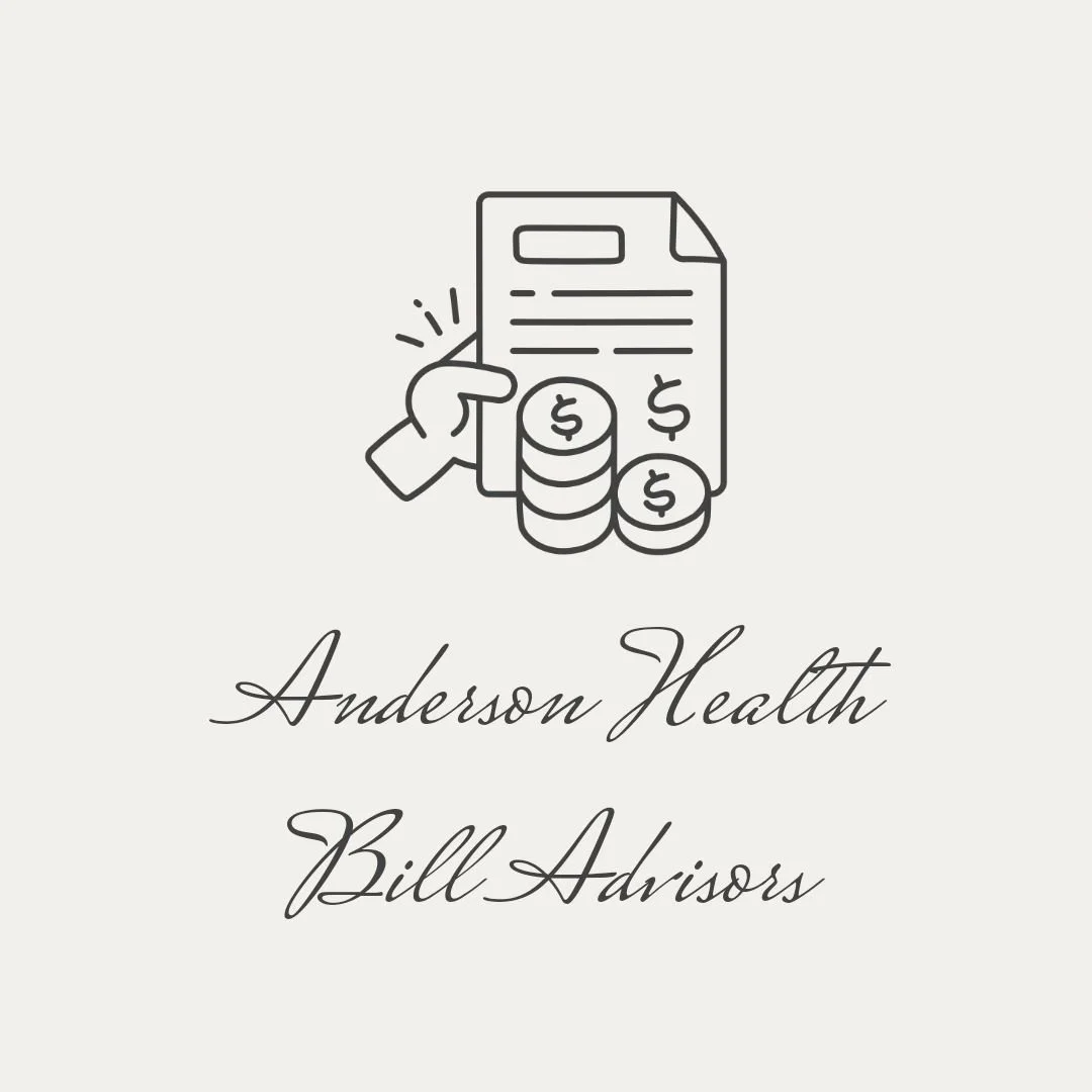 An illustration of a hand holding a bill next to stacked coins with dollar signs, with the text "Anderson Health Bill Advisors" below.