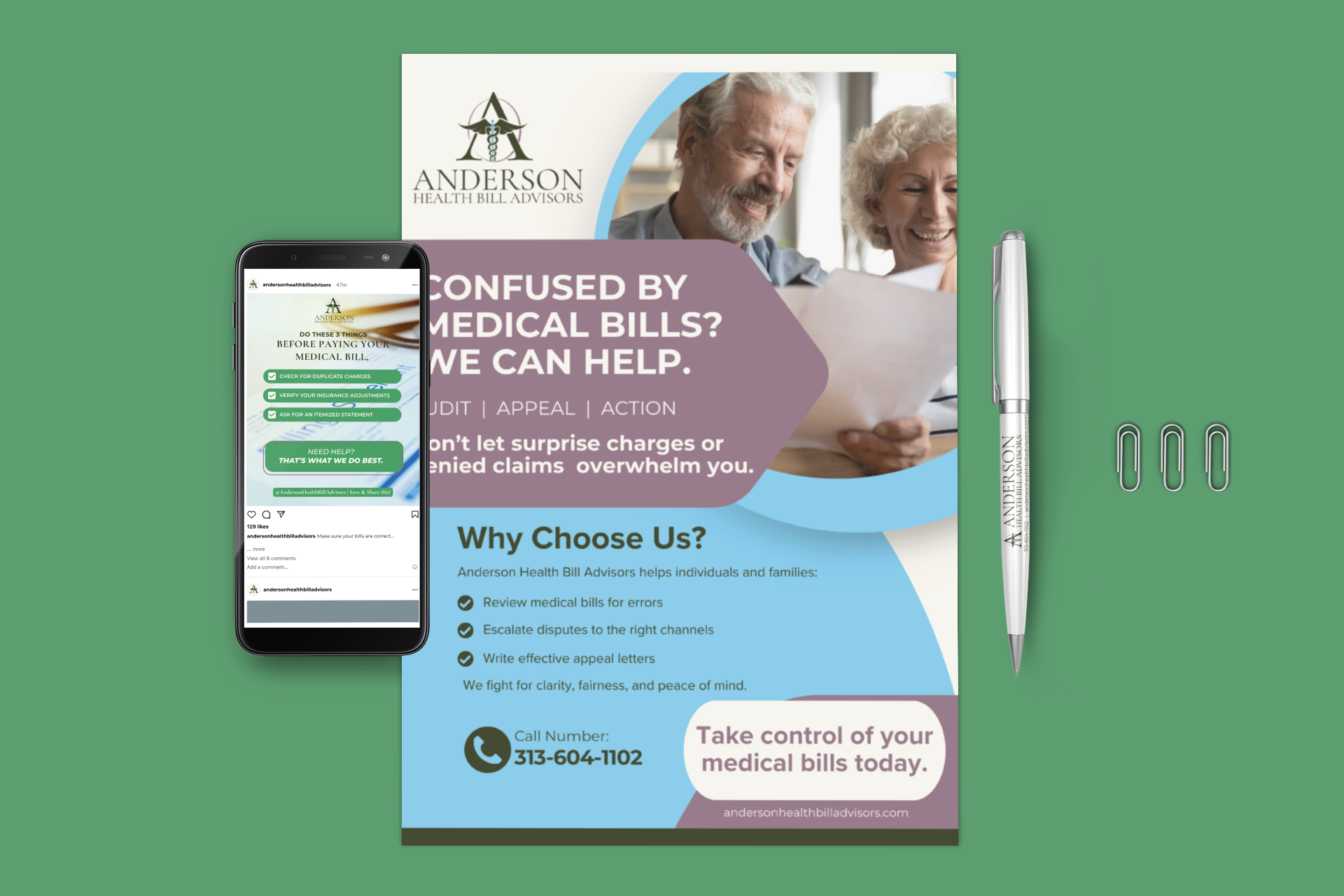 Brochure and smartphone showing services of Anderson Health Bill Advisors, helping individuals review, escalate, and appeal medical bills with contact number 313-604-1102.