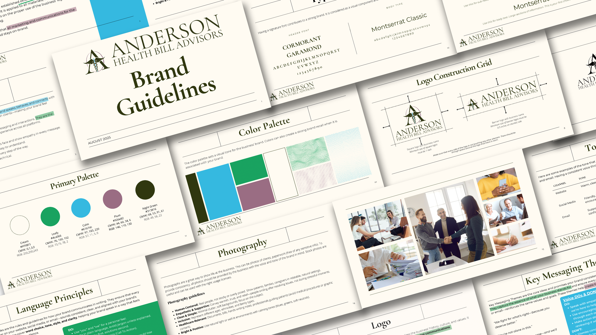 Multiple pages of brand guidelines for Anderson Health Bill Advisors, including sections on logo construction, color palette, photography, key messaging themes, language principles, and sample photos showing professional interactions.