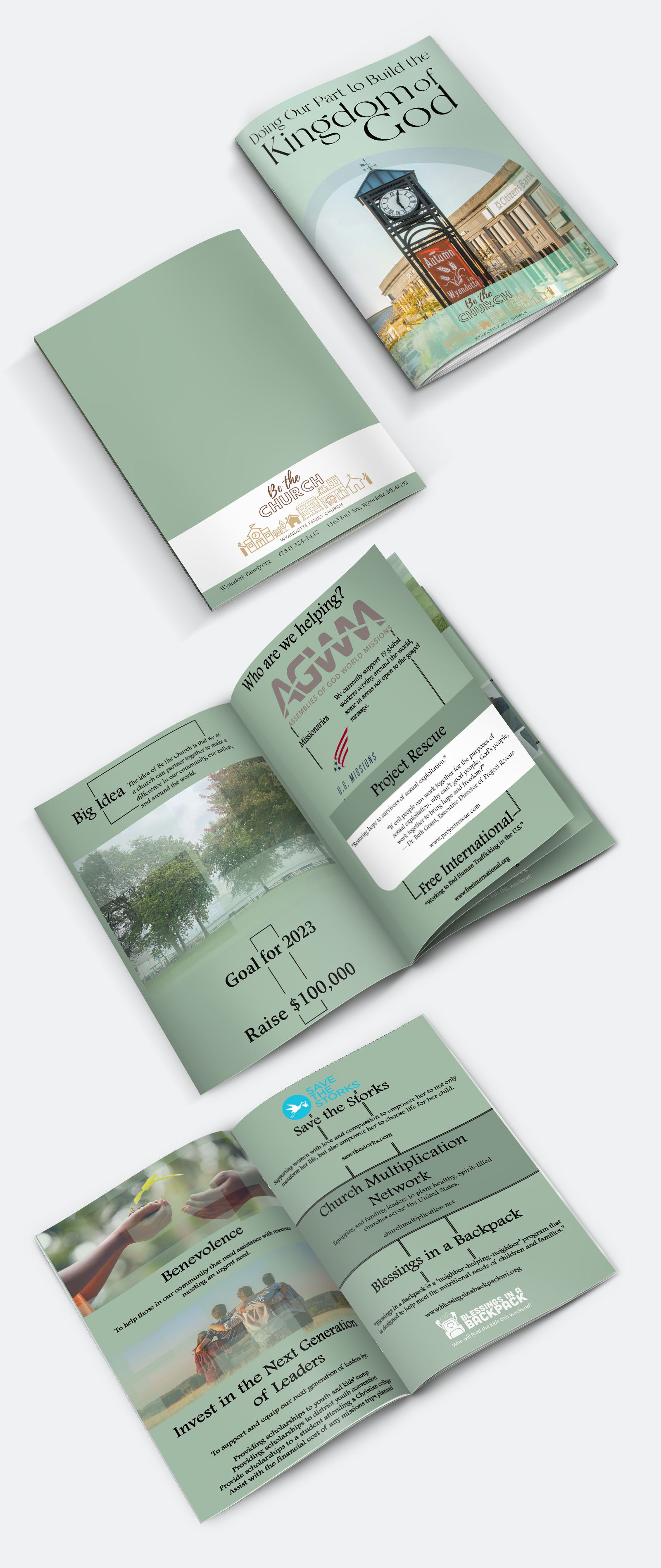 A brochure titled "Doing Our Part to Build the Kingdom of God" with an image of a church clock tower on the cover. Inside, the brochure features information about community projects, faith-based initiatives, and charitable programs, including fundraising goals and organization details.