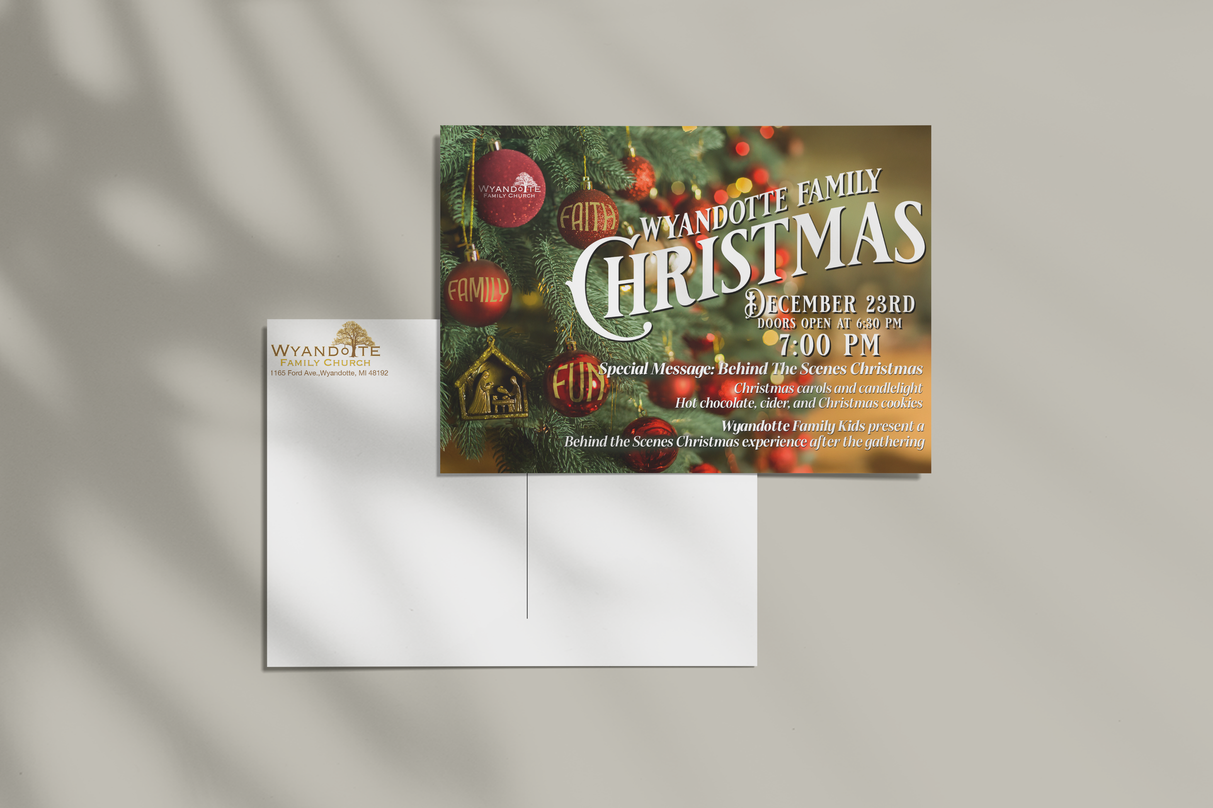 Christmas event flyer for Wyandotte Family Christmas on December 23rd at 7:00 PM with special messages and holiday treats; the flyer features Christmas ornaments and a Christmas tree.