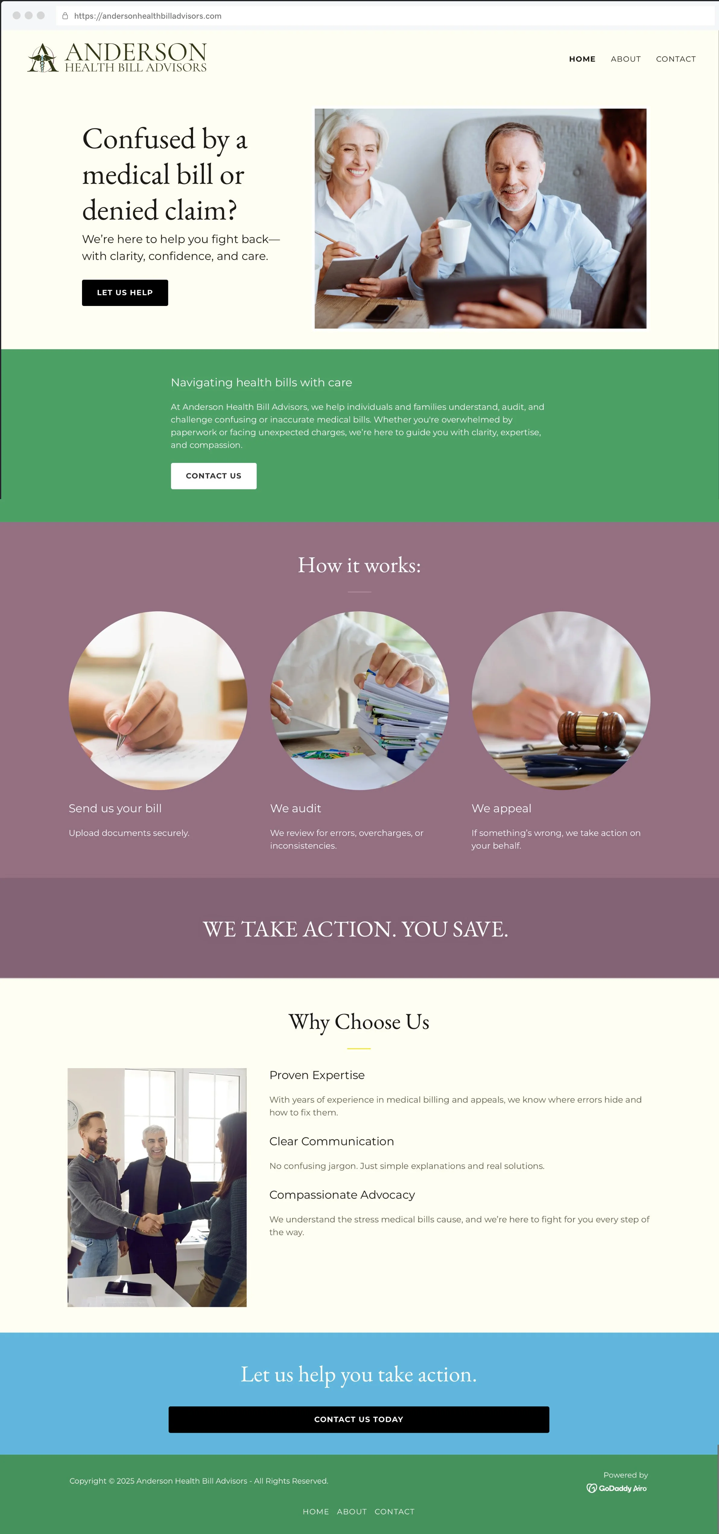 Website homepage for Anderson Health Bill Advisors featuring a navigation menu, a large image of a senior couple with a professional, and sections about their services, process, and reasons to choose them.