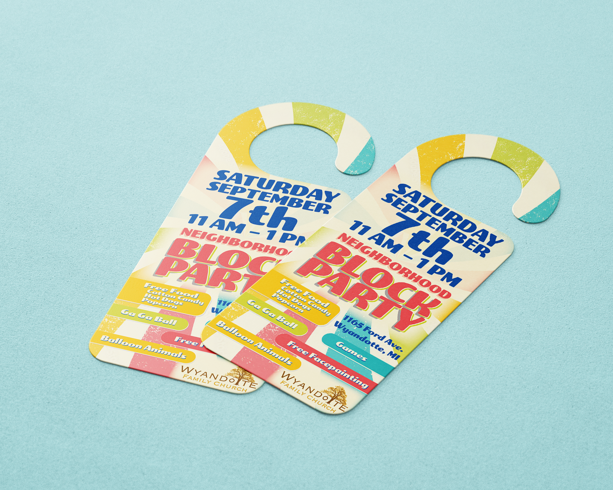 Two colorful event tickets for a neighborhood block party on a blue background.