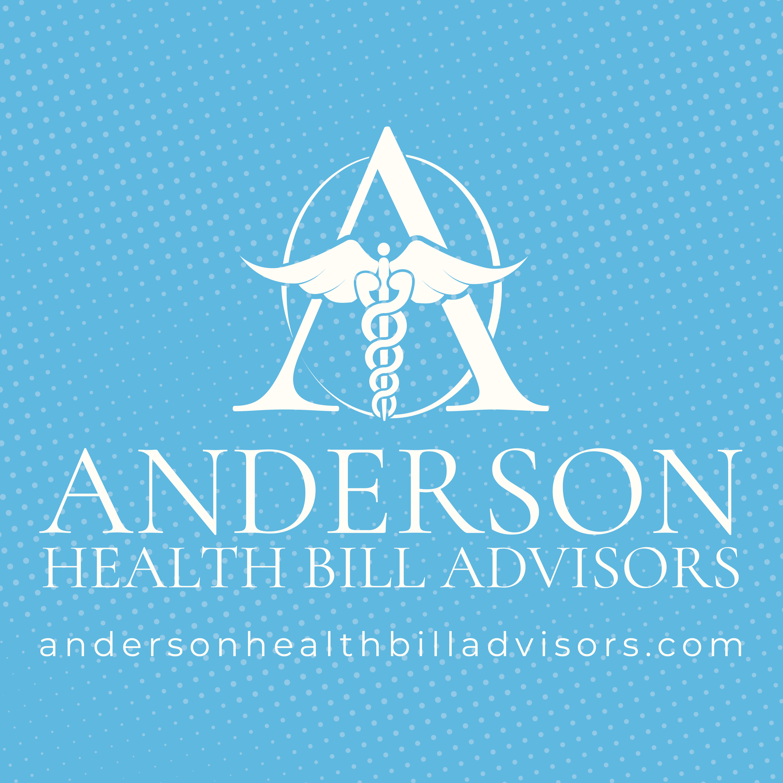 Logo for Anderson Health Bill Advisors on a blue background with white polka dots, featuring a medical symbol with a caduceus and a large letter A.