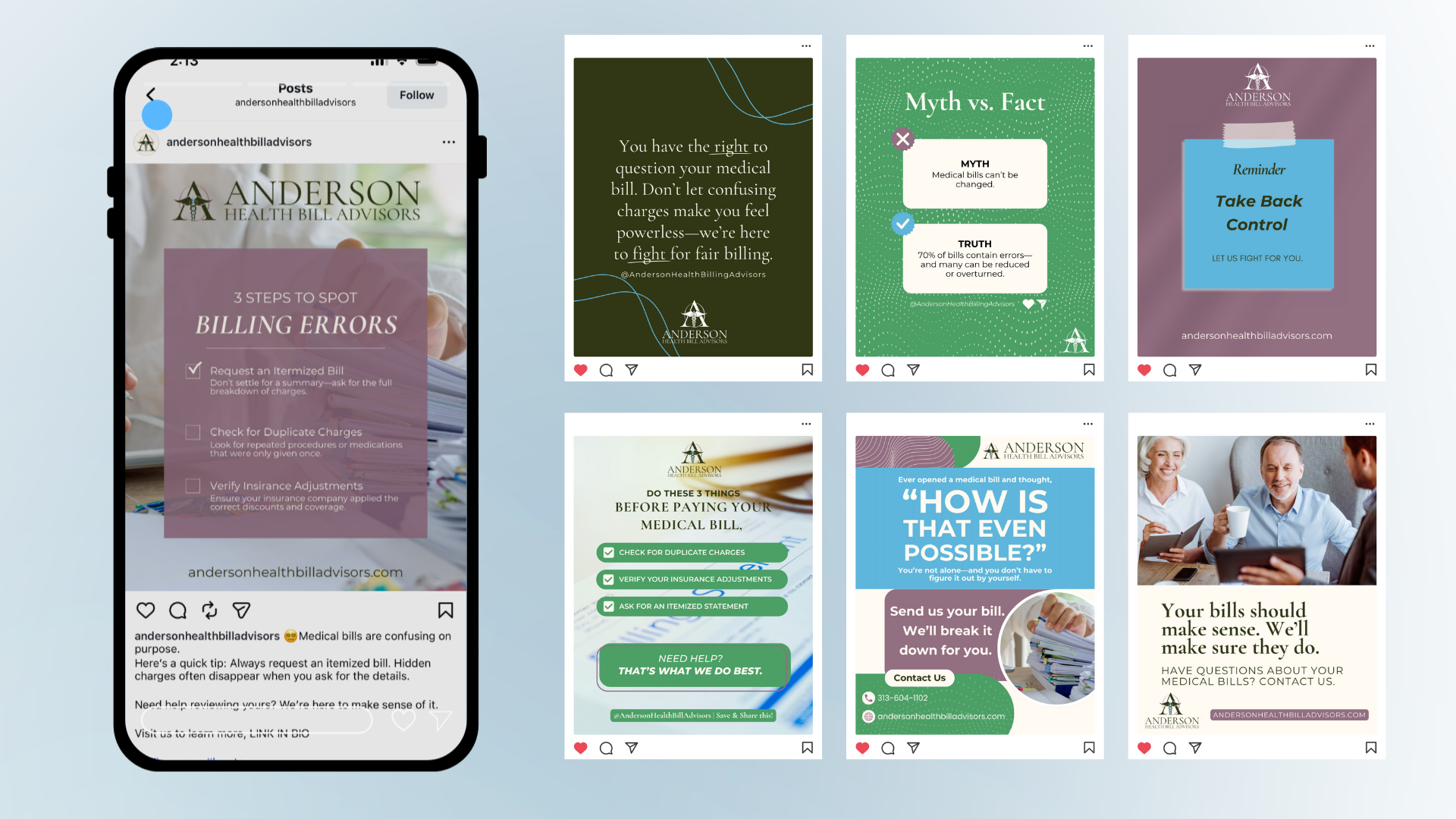 A collage of six Instagram-style social media posts and one phone screen displaying a post. The posts promote healthcare billing tips, myth versus fact, and encourage checking bills for errors. The main phone screen emphasizes three steps to spot bil