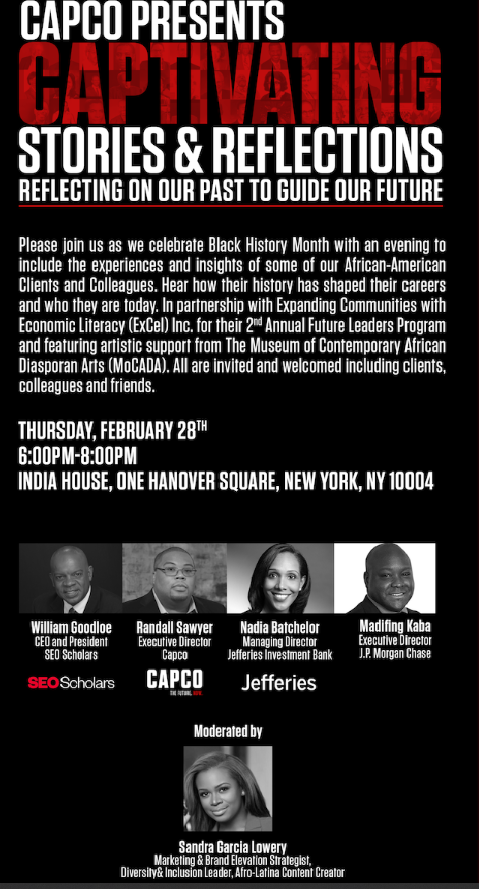 Event poster for Capco's Black History Month celebration on February 28th, featuring speakers William Goodloe, Randall Sawyer, Nadia Batchelor, and Madifing Kaba, with moderator Sandra Garcia Lowery.