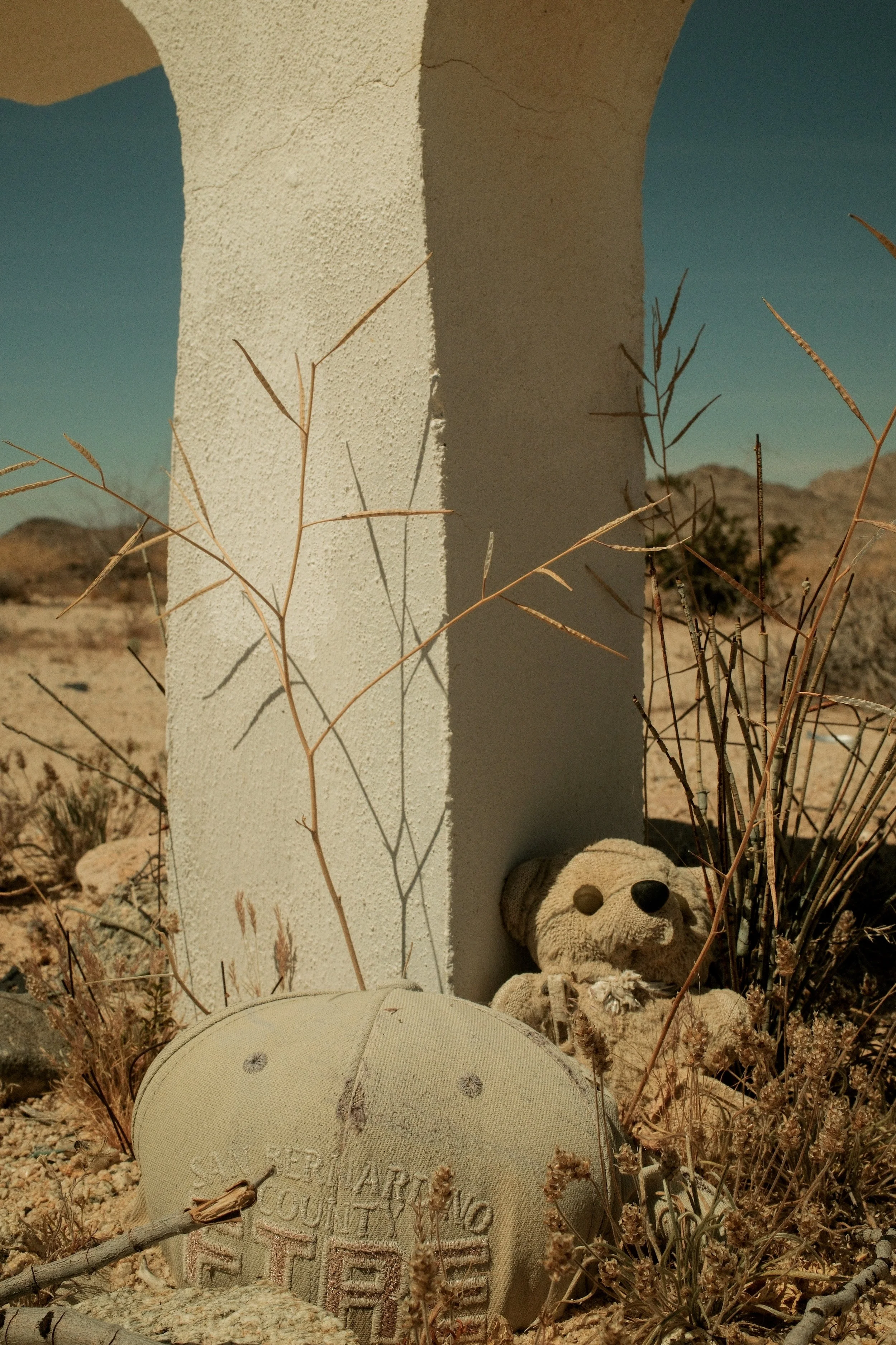 A teddy bear and a cap placed on dry desert ground with sparse vegetation, leaning against a white stucco wall under a clear blue sky.