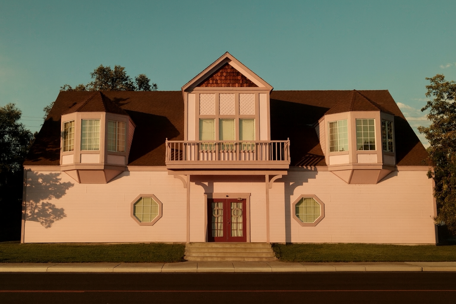 A two-story house painted pink with octagonal and bay windows, a small balcony, and steps leading to a red front door, under a clear sky.
