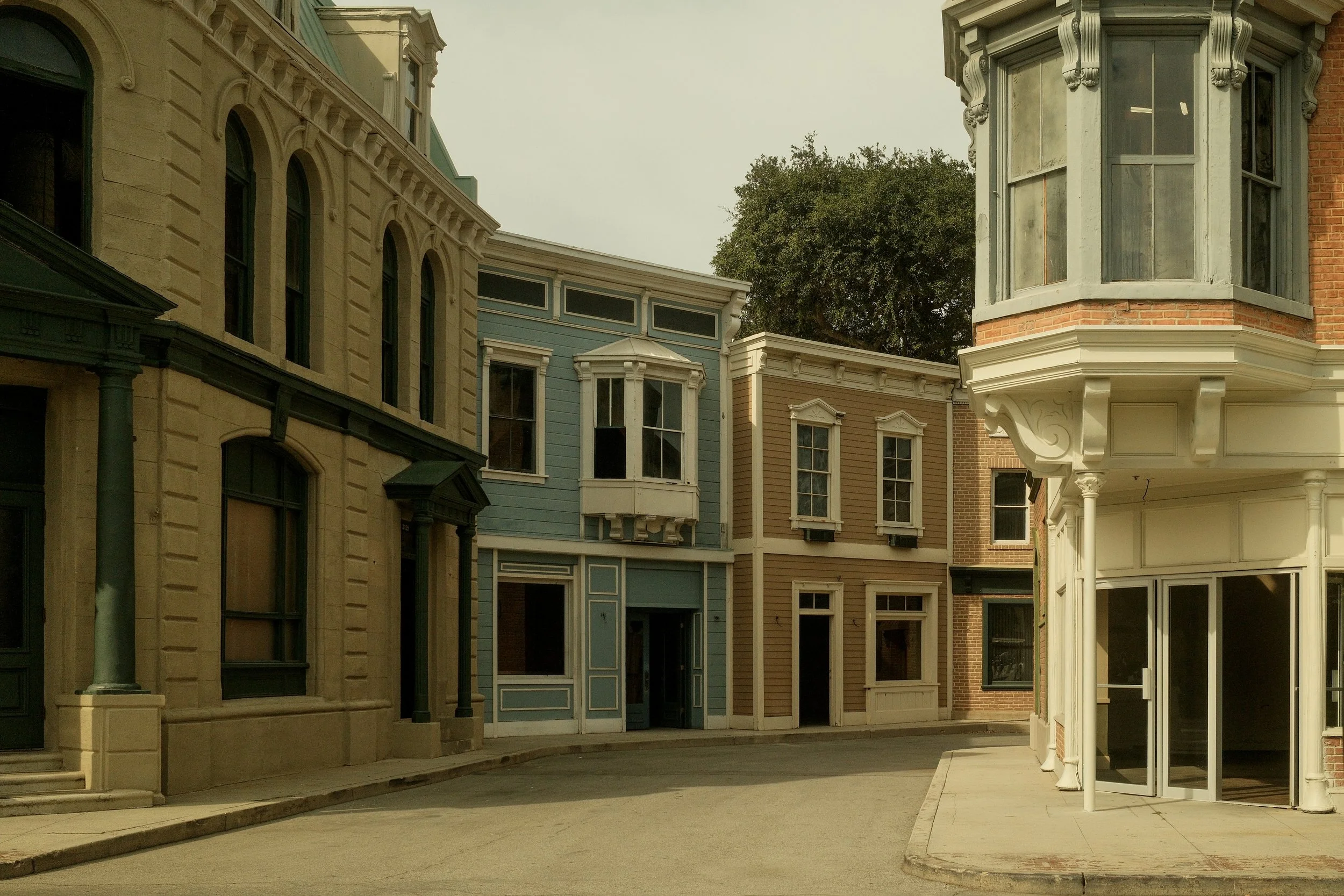 Colorful historic row houses on a curved street with a large green tree in the background.