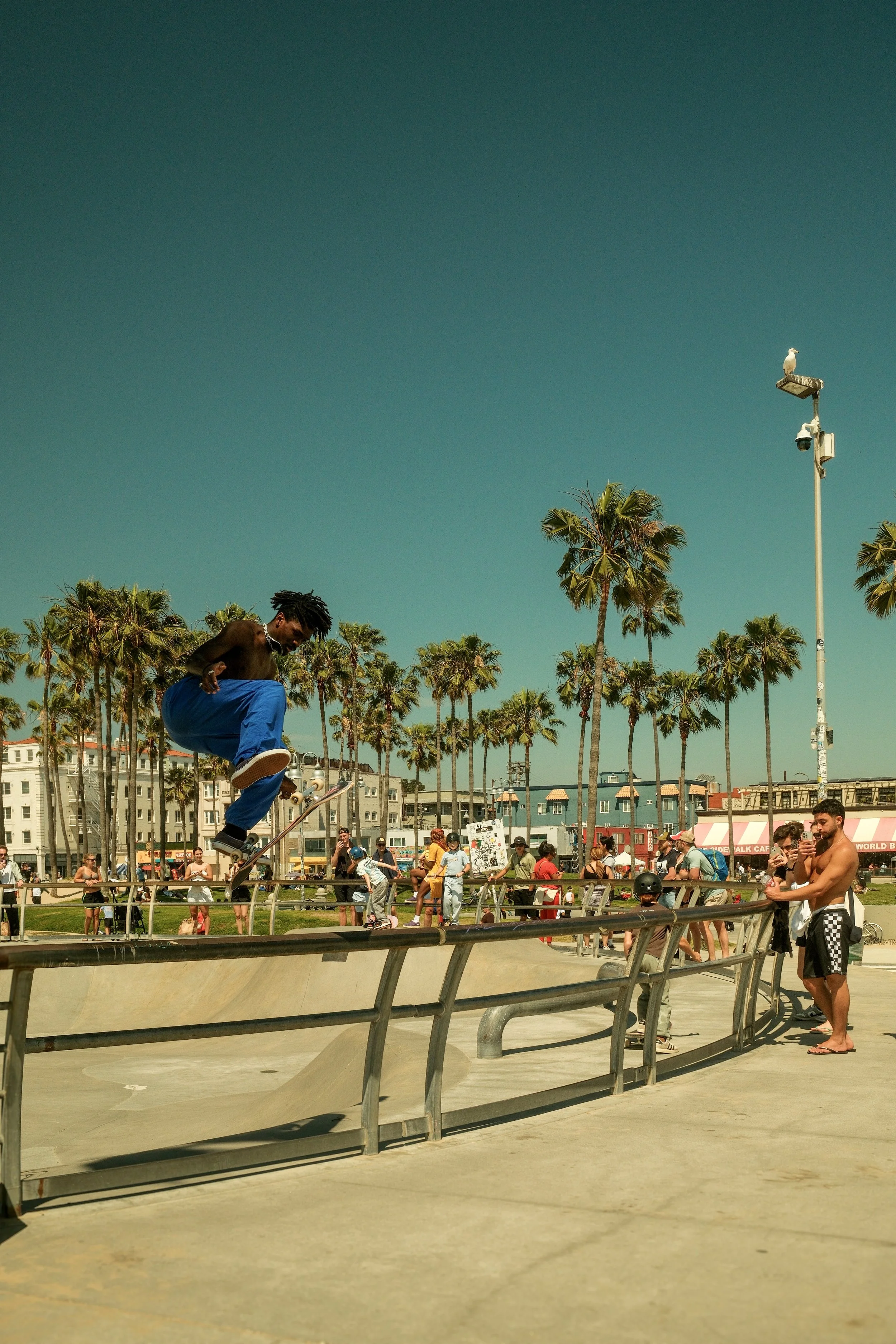 Skateboarder performing an ollie at a crowded outdoor skate park with palm trees and spectators in the background.