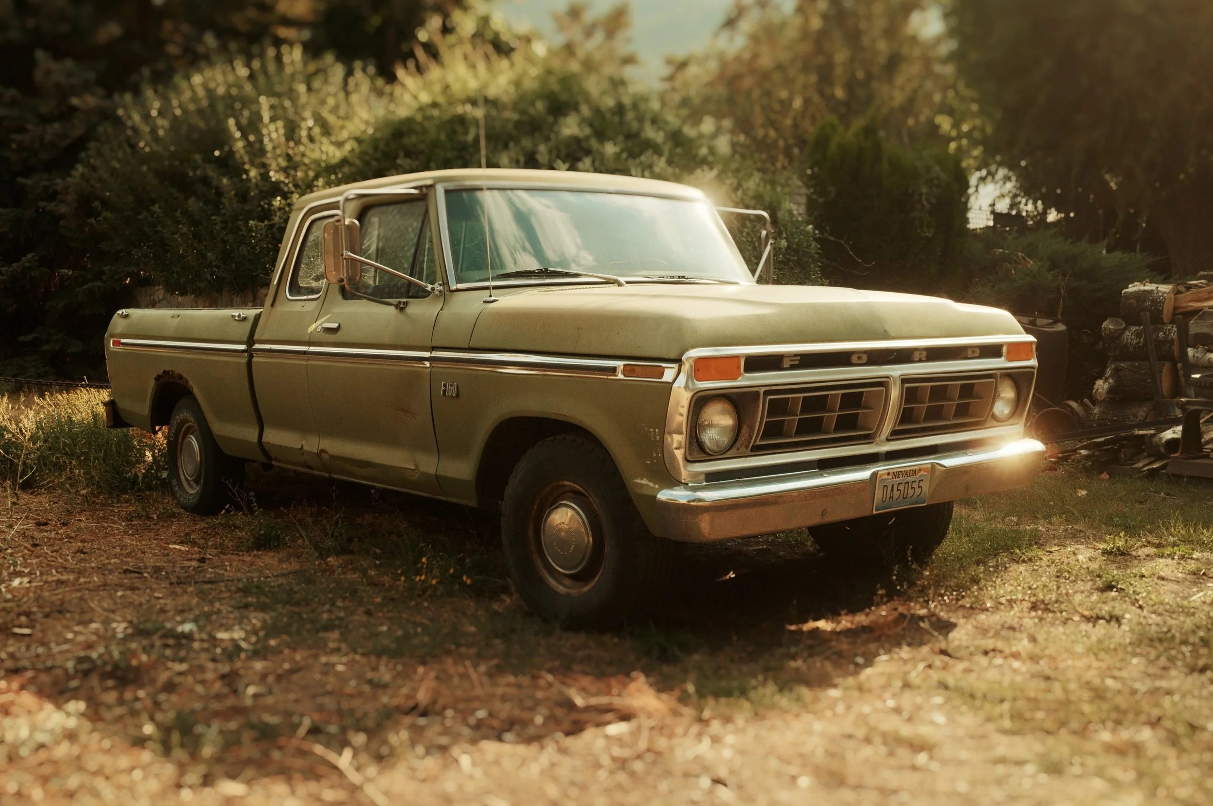 A vintage beige Ford pickup truck parked outdoors on dirt ground with trees and bushes in the background, during late afternoon or early evening with sunlight reflection.
