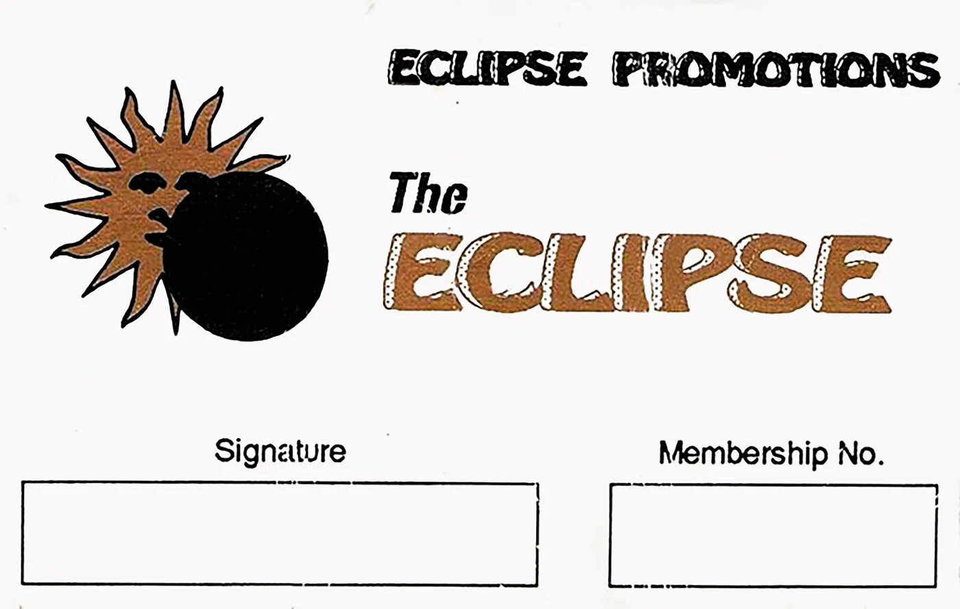 A membership form for Eclipse Promotions features a graphic of a solar eclipse with a sun and moon. The form includes spaces for a signature and membership number.