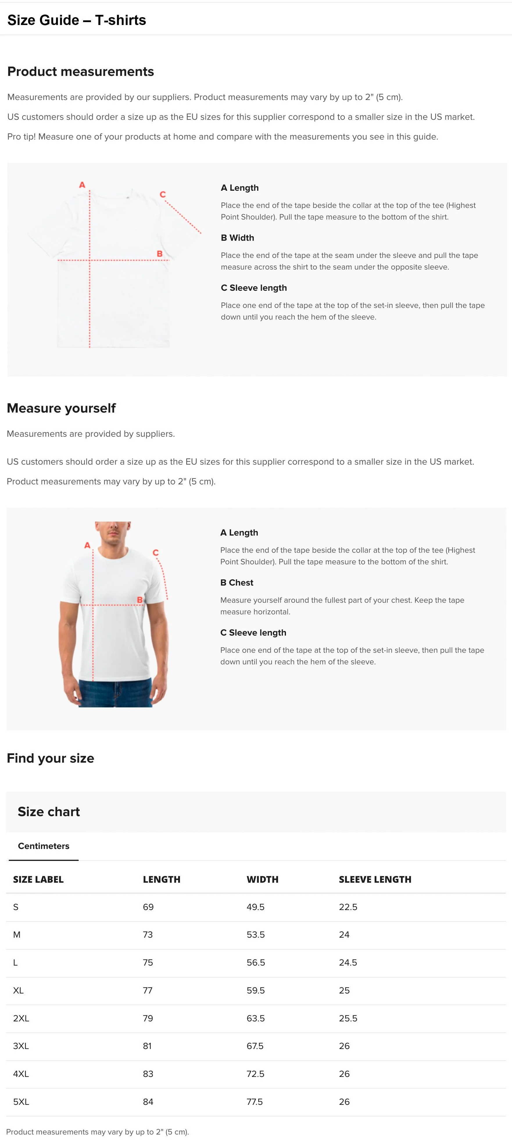 A size guide for T-shirts, showing measurement instructions for length, width, and sleeve length with diagrams; a person wearing a white T-shirt with measurement points marked, and a size chart listing sizes from small to 5XL with corresponding measurements in centimeters.