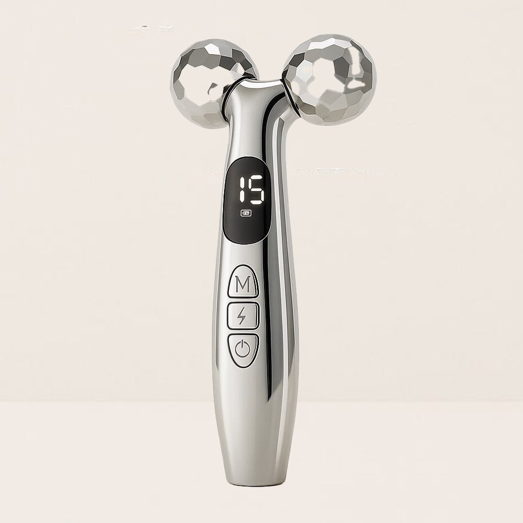 A silver handheld facial massager with a digital display showing the number 15 and three buttons labeled M, a lightning bolt, and a power symbol.