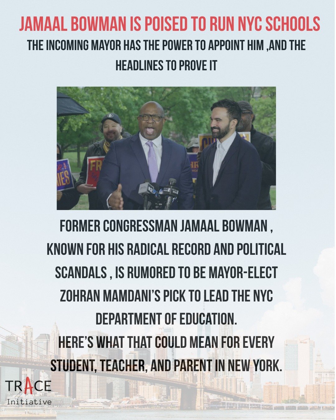 🚨 NYC ALERT 🚨
Jamaal Bowman, the former congressman who pulled a fire alarm in Congress, blogged 9/11 conspiracy theories, and hosted a fundraiser with Hamas sympathizers, is now poised to become New York City&rsquo;s next Schools Chancellor. 

[re