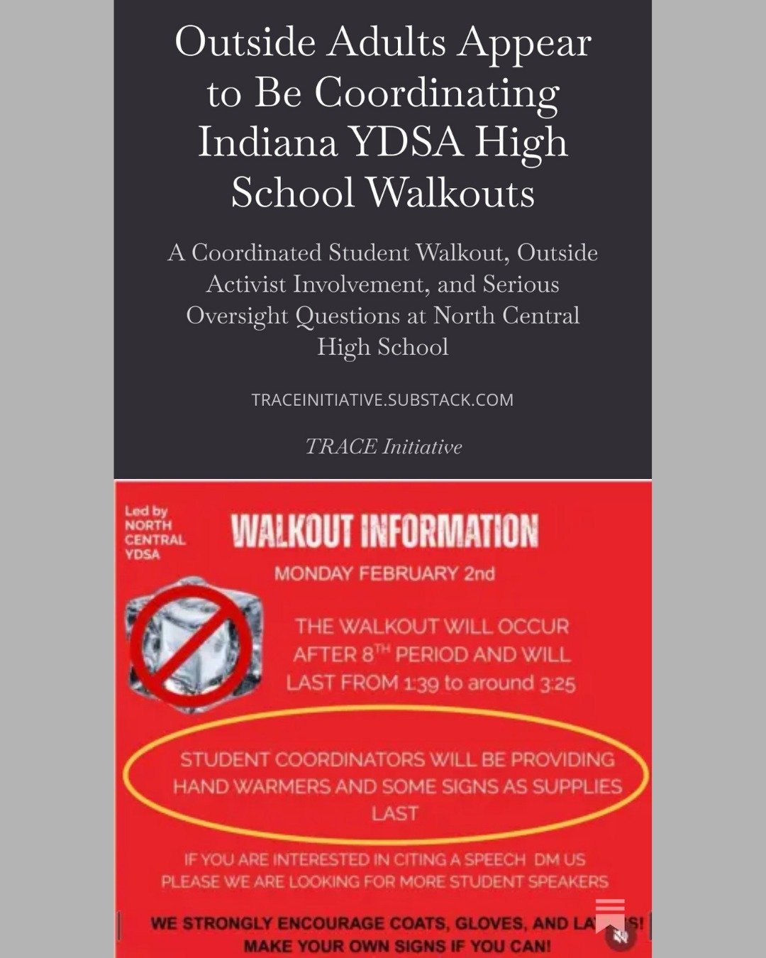 🚨 Planned walkout at North Central HS (Indianapolis) this Monday, Feb 3. 

⛔Students leaving class at 1:39 PM walking to off-campus abandoned lot and not being allowed to return to school.

📍External adult group Hoosiers Rise appears to be coordina