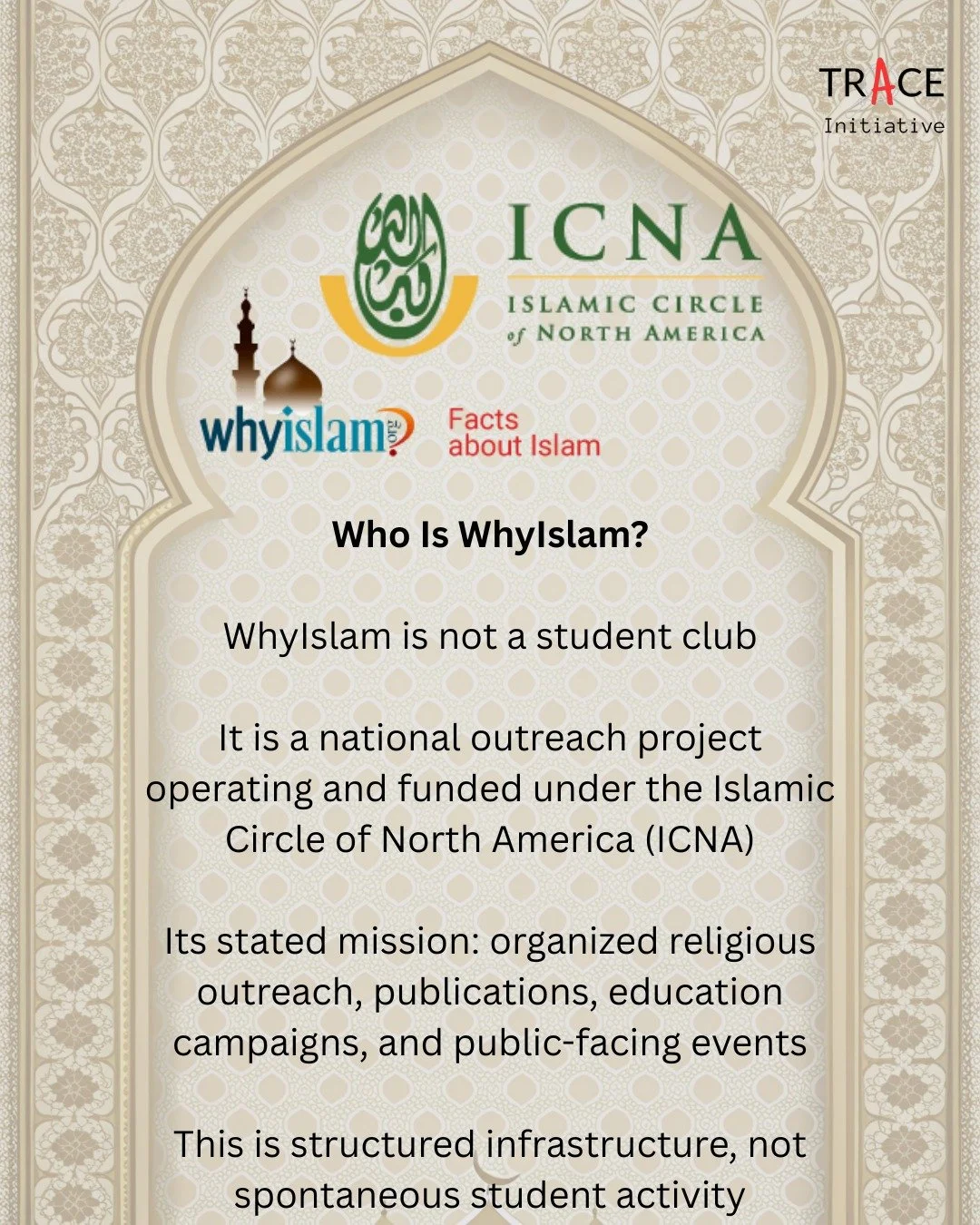 Who is behind WhyIslam? 

A national organization tied to the Islamic Circle of North America and operating under the banner of &ldquo;student invitation.&rdquo;

This was structured outreach tied to a broader national network.

The district has take