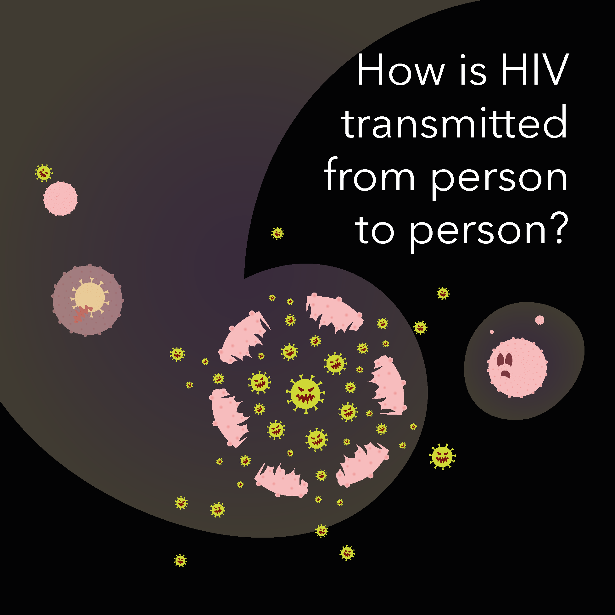 A digital graphic with virus illustrations and a black speech bubble displaying the question 'How is HIV transmitted from person to person?'.