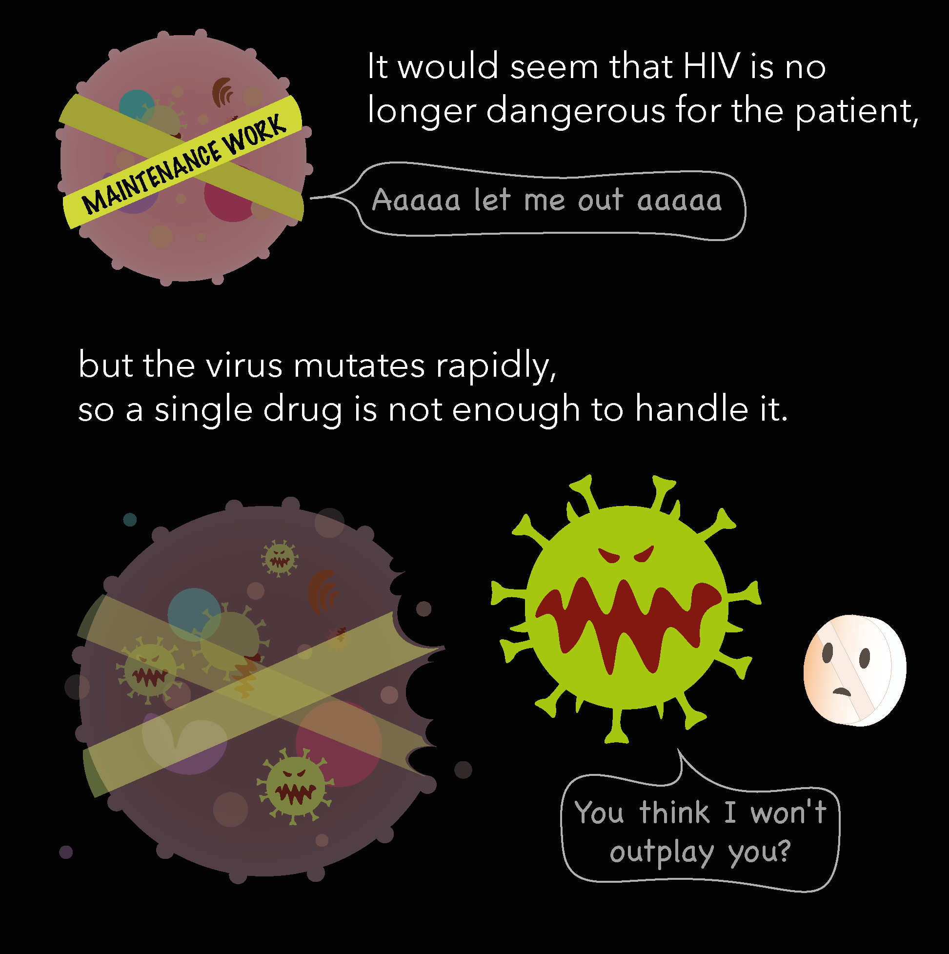 Illustration comparing a virus with a humorous conversation about the danger of HIV, with text emphasizing that the virus mutates rapidly and a humorous dialogue bubble questioning if one can outplay it.