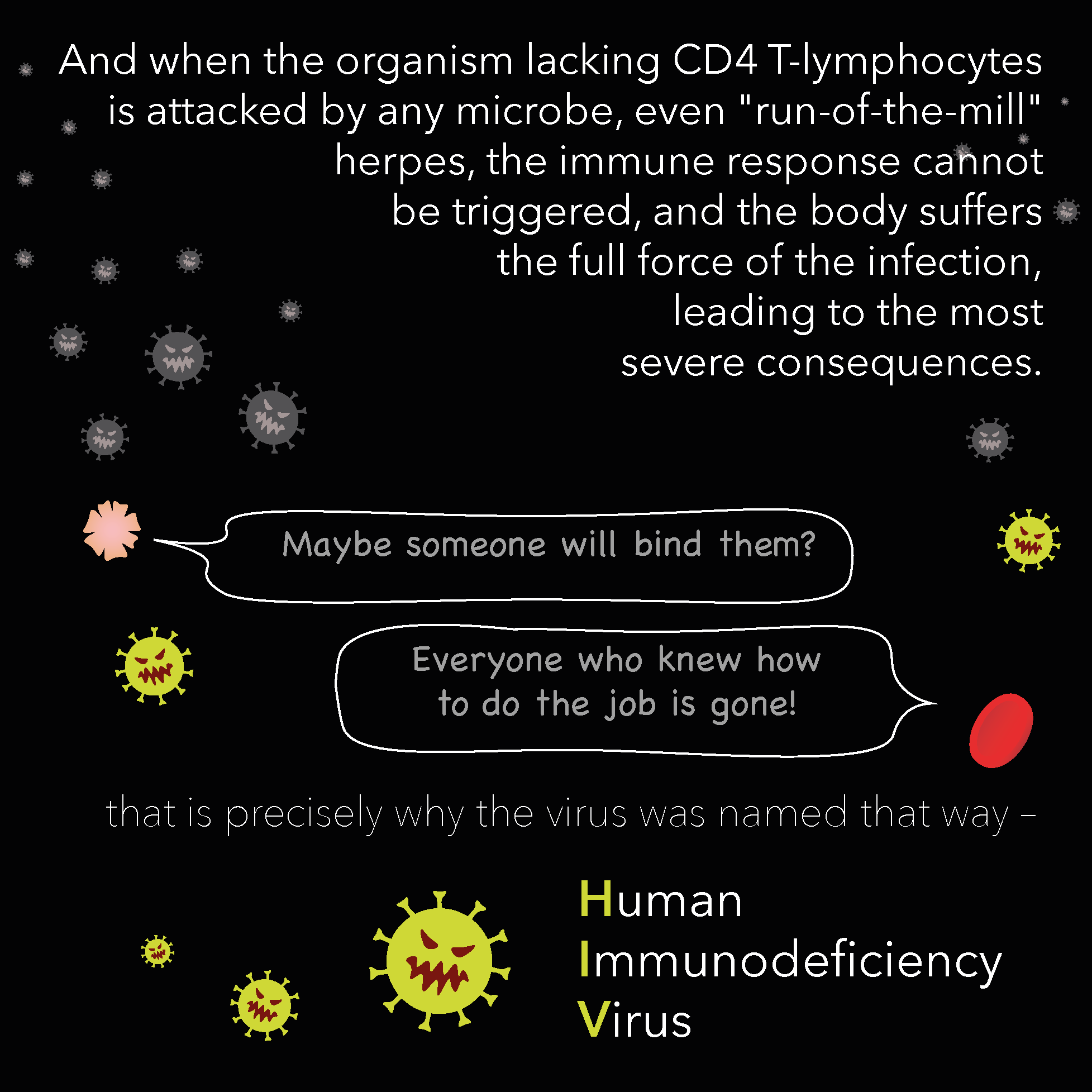 Illustration of virus particles with angry facial expressions, accompanying a text discussion about immune response and virus names, set against a black background.