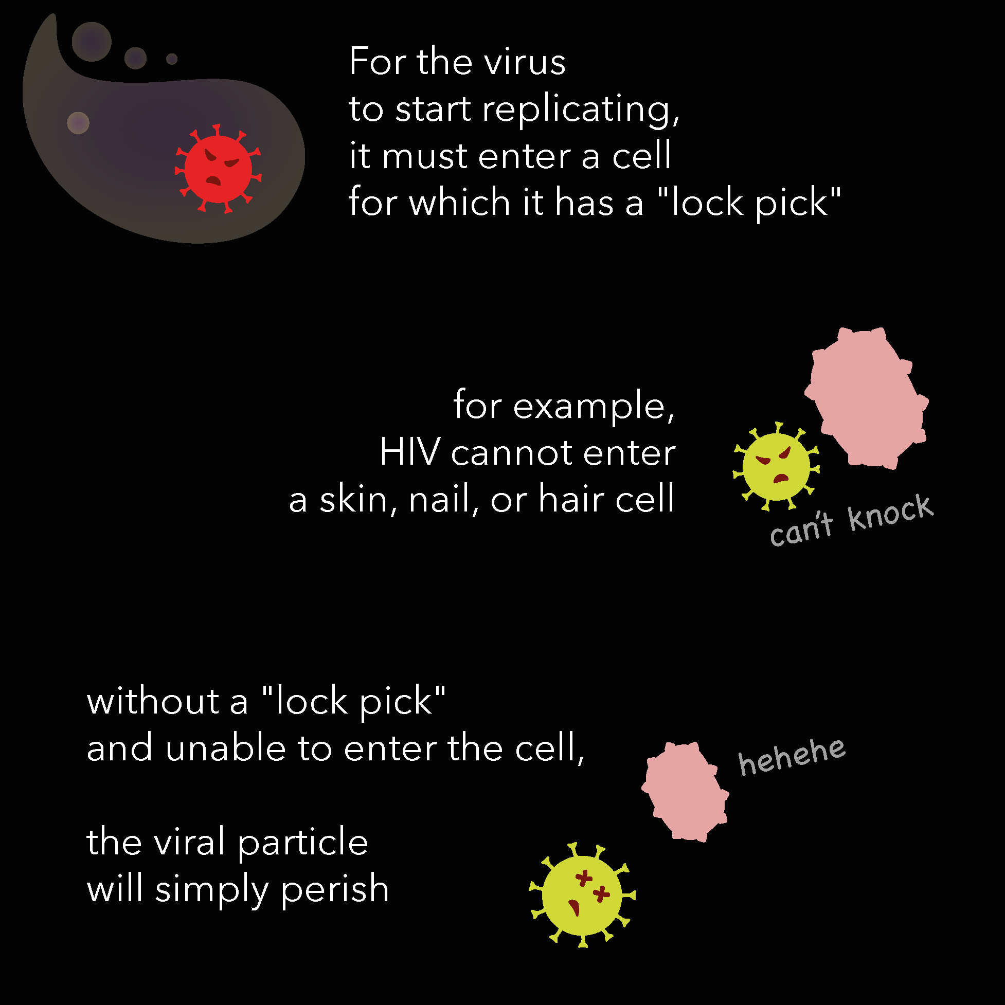 Illustration of a virus entering a cell for replication, with text explaining that the virus needs to enter a cell with a lock pick to replicate, and mentioning HIV and the viral particle