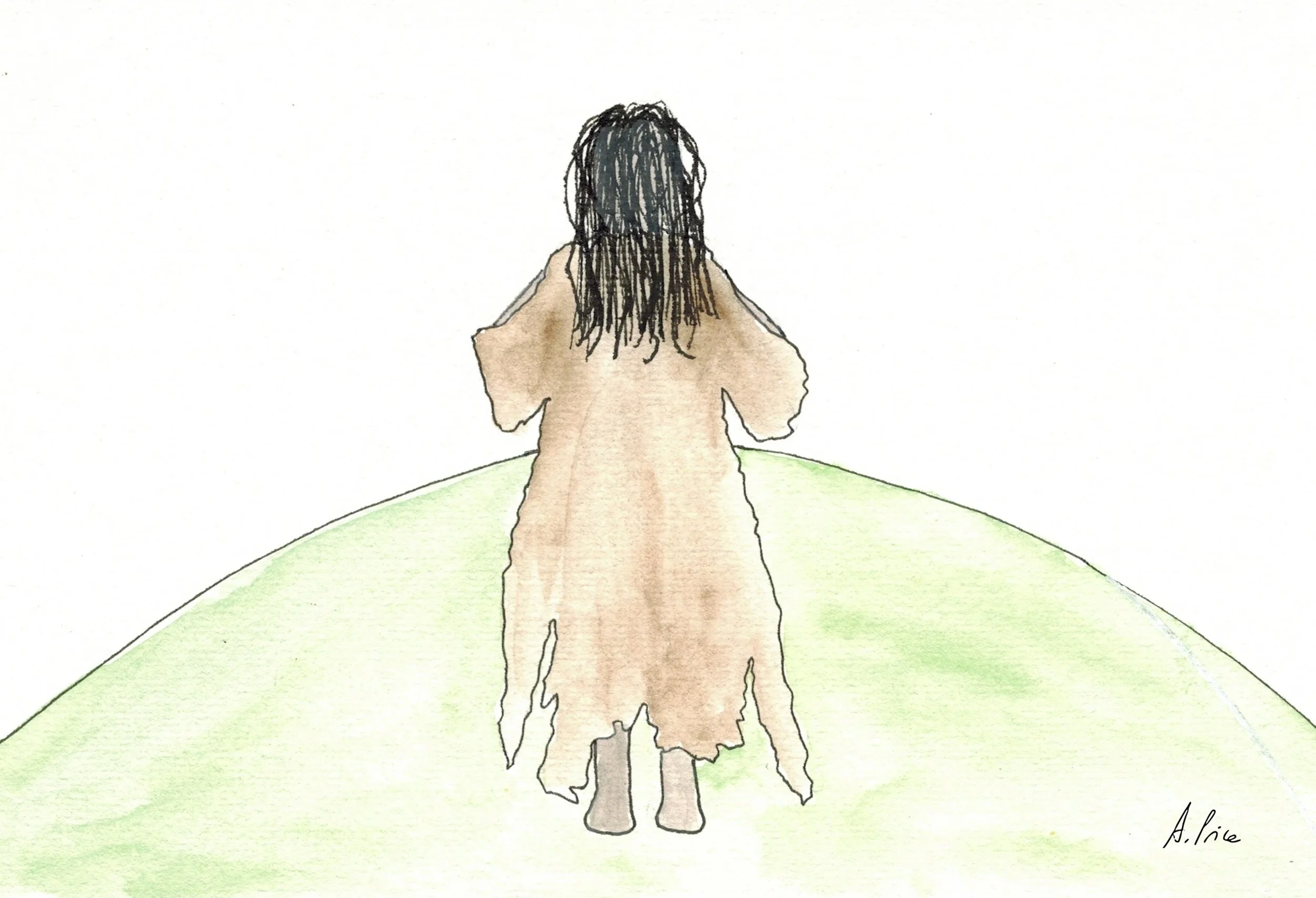 A watercolour image of the back of a person dressed in brown rags, walking up a green hill (which is the arc of a circle)